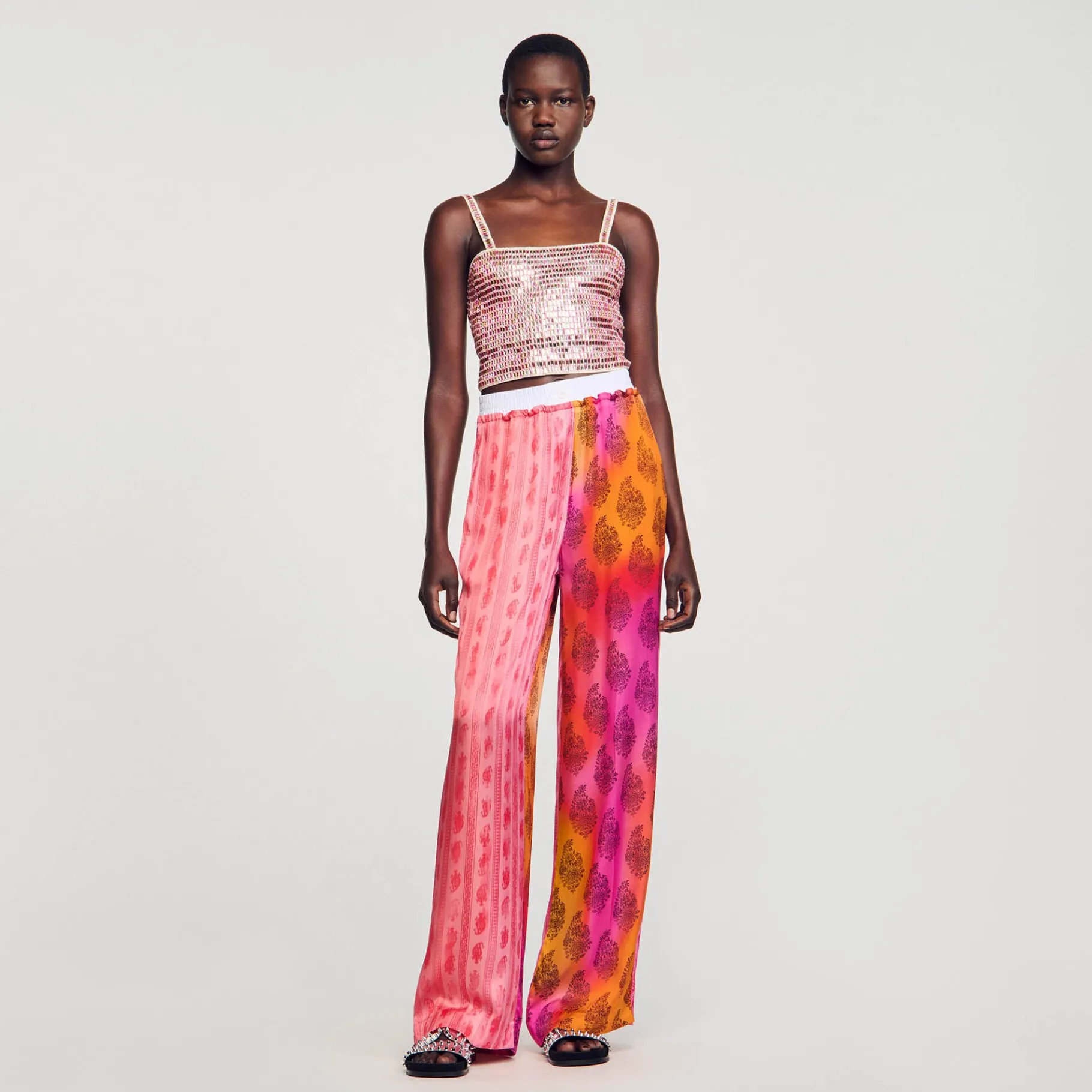 Outlet SANDRO Pantalon Fluide Imprimé Rose / Orange