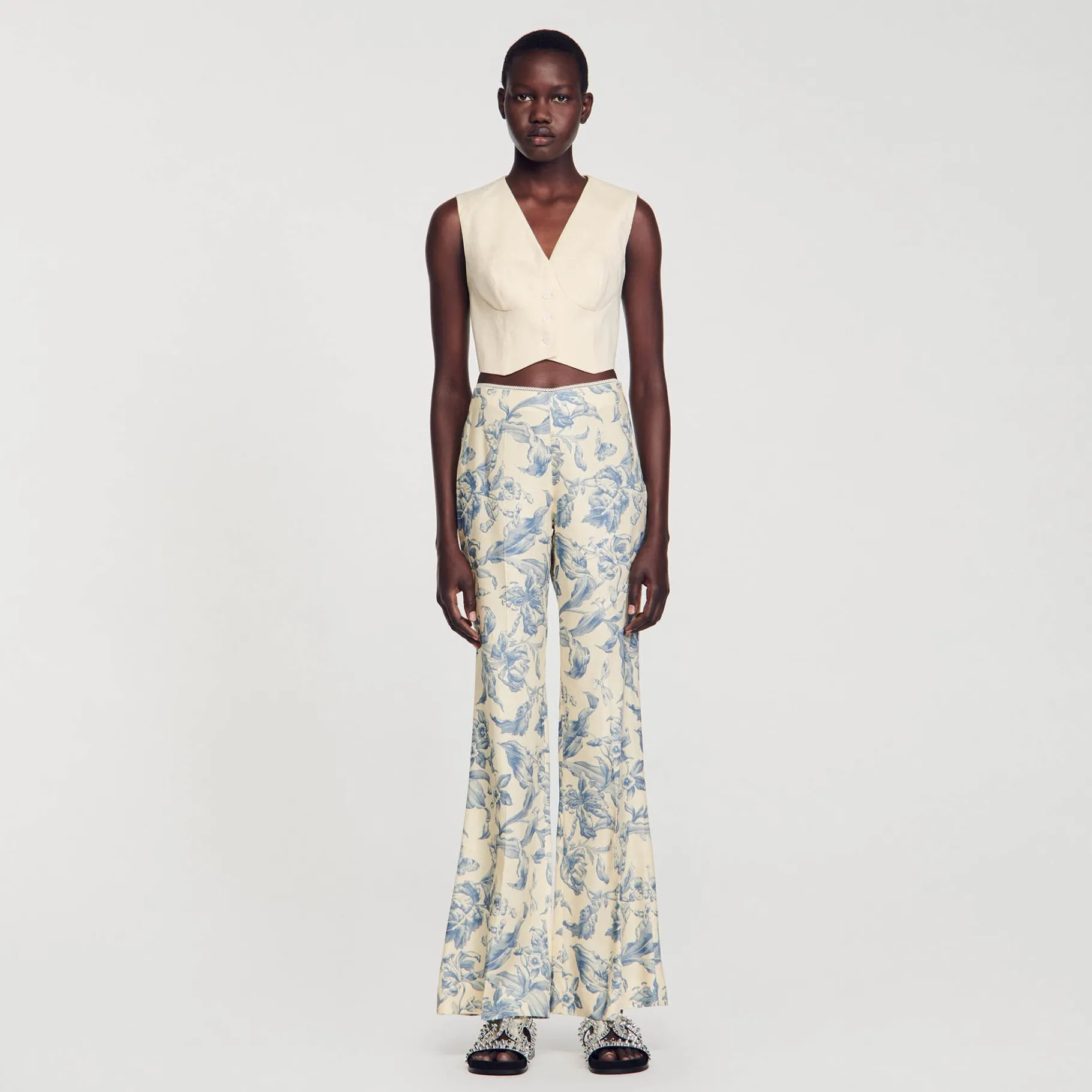 Sale SANDRO Pantalon Fluide Imprimé Ecru / Bleu