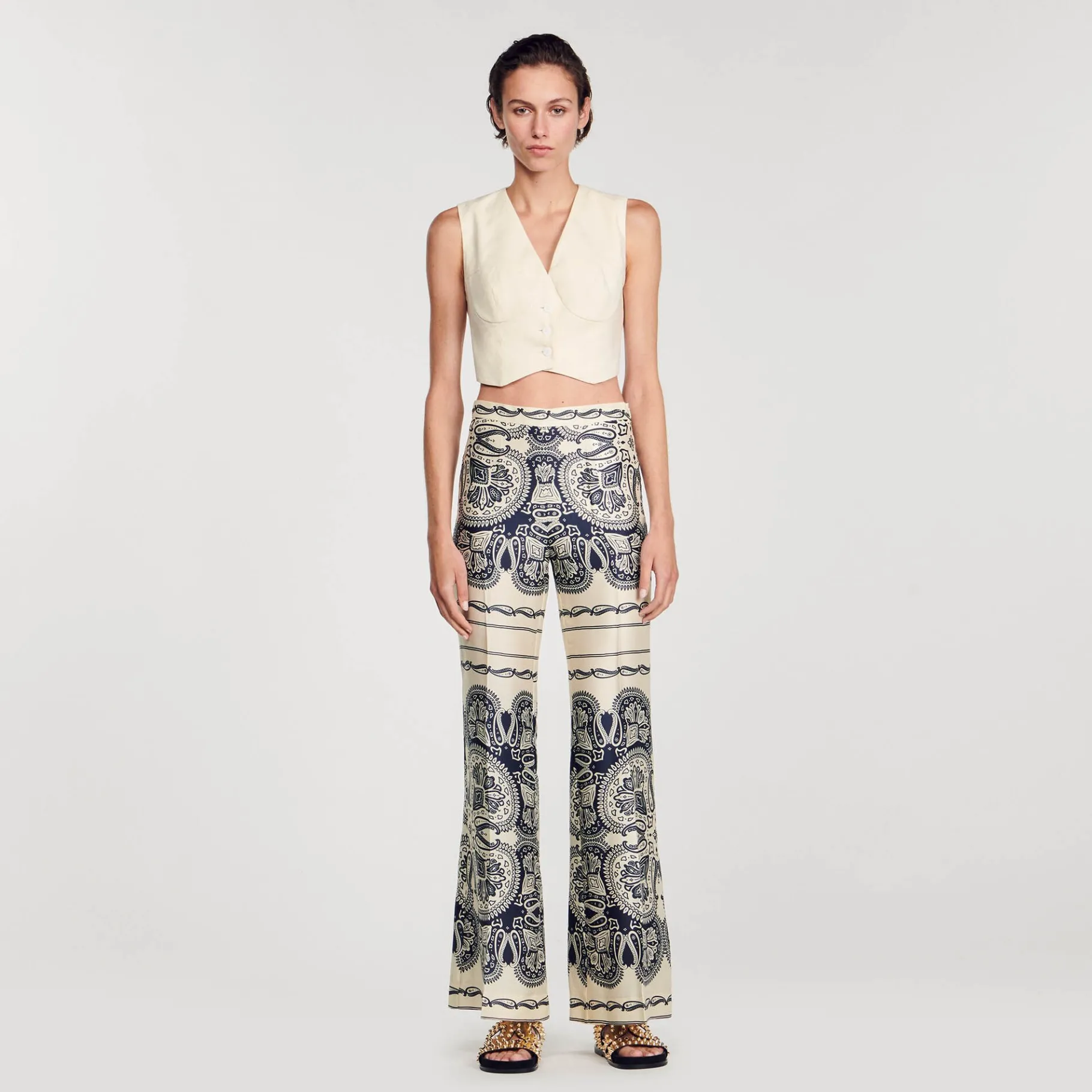 Best Sale SANDRO Pantalon Fluide Imprimé Beige / Marine