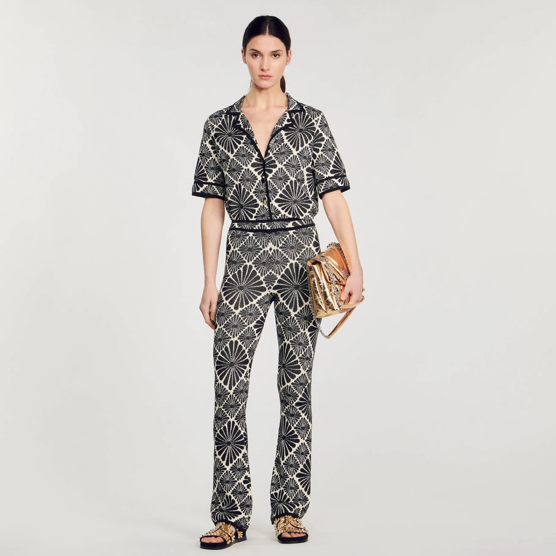 Flash Sale SANDRO Pantalon Jacquard Fleur Ecru / Noir