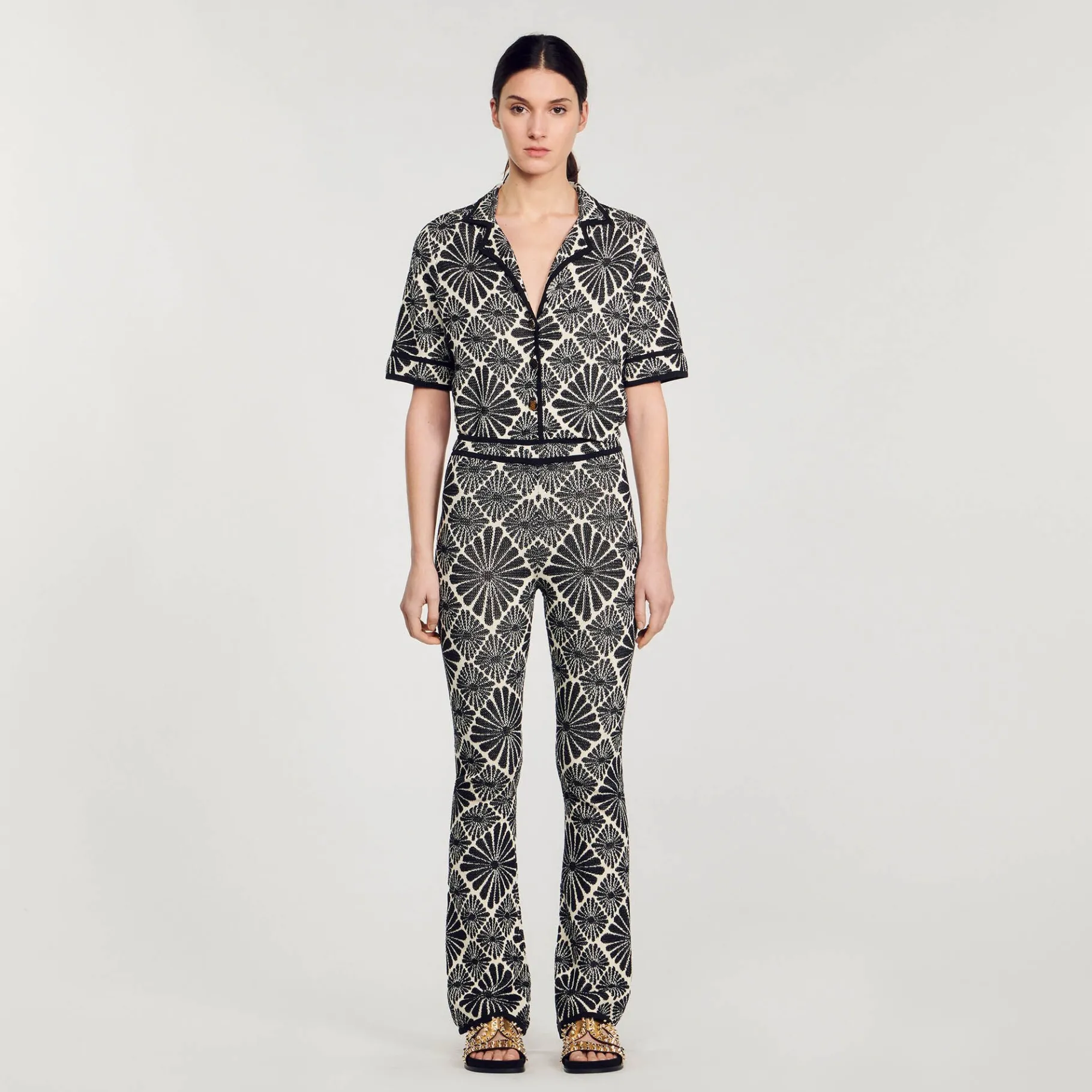 Flash Sale SANDRO Pantalon Jacquard Fleur Ecru / Noir