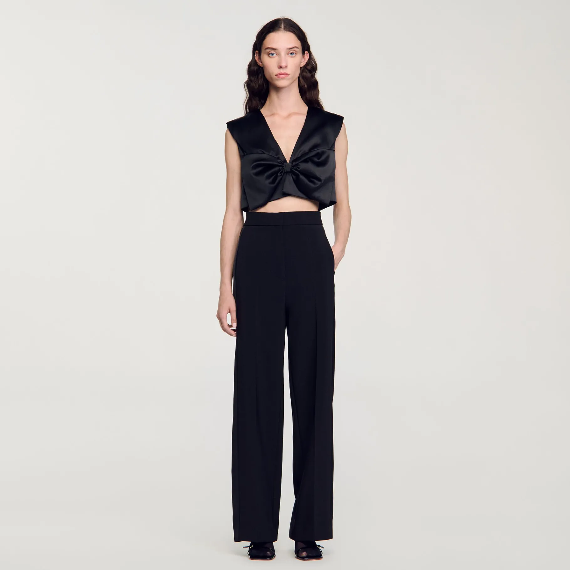 Discount SANDRO Pantalon Large à Bande Latérale Satinée Noir