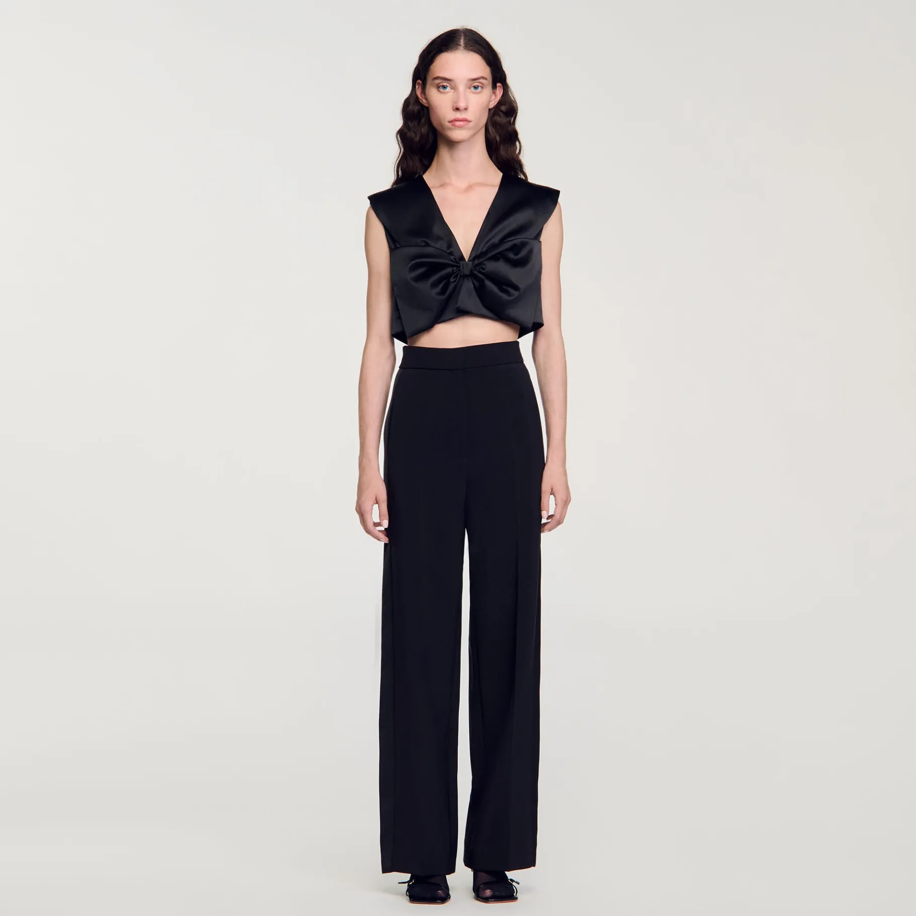 Discount SANDRO Pantalon Large à Bande Latérale Satinée Noir