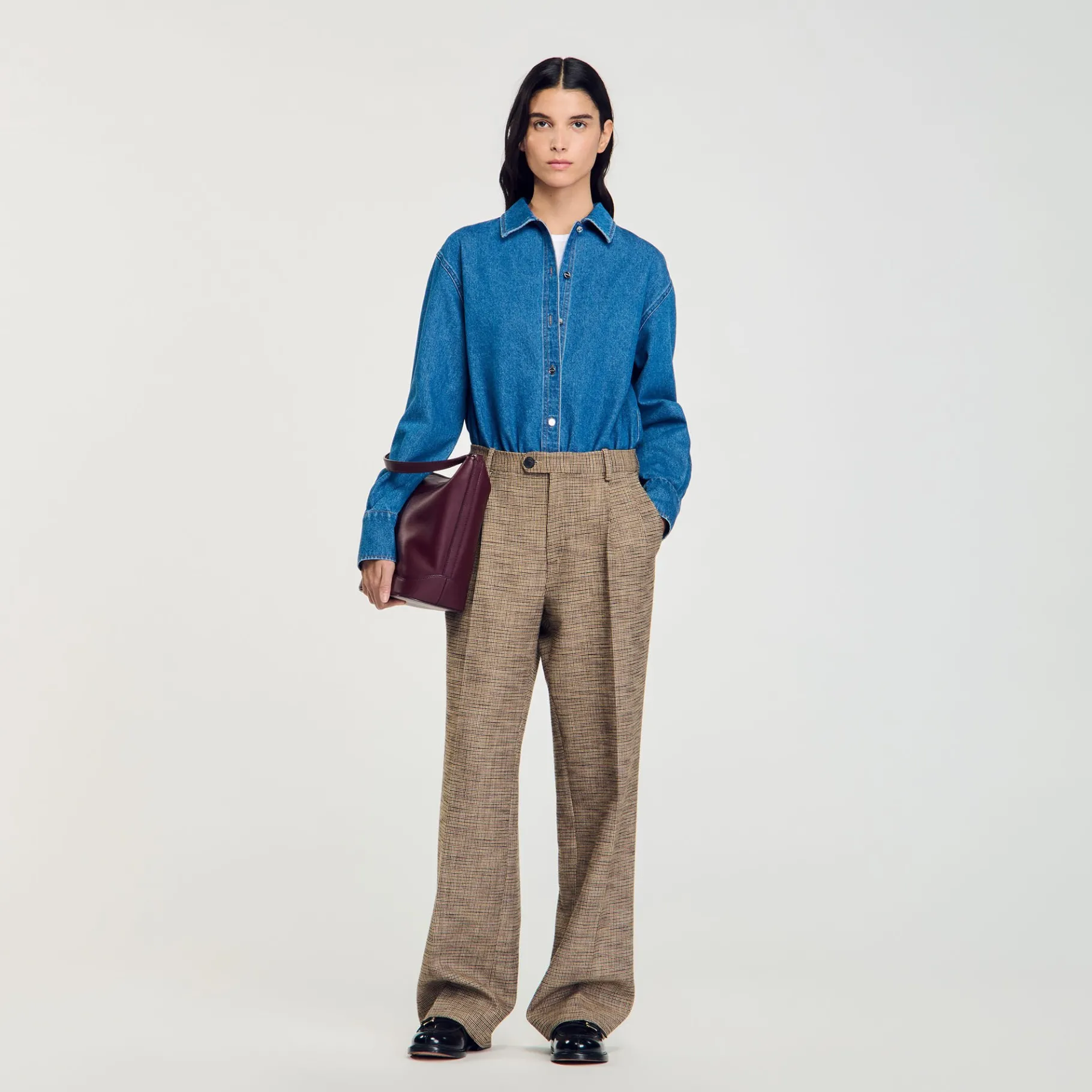 Hot SANDRO Pantalon Motif Pied De Poule Marron
