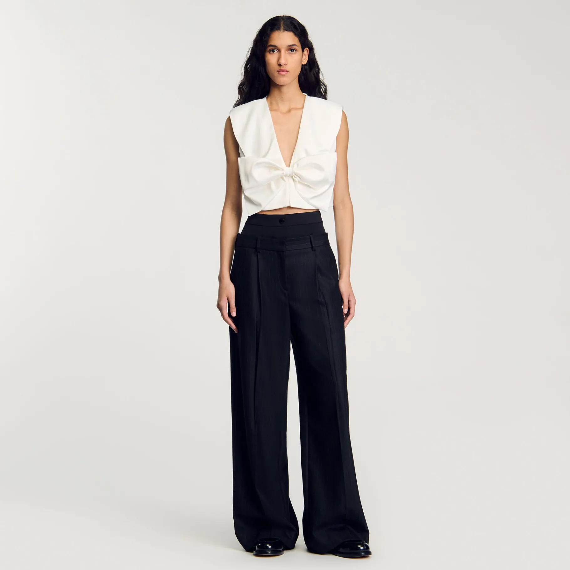 Online SANDRO Pantalon Rayé à Double Ceinture Noir