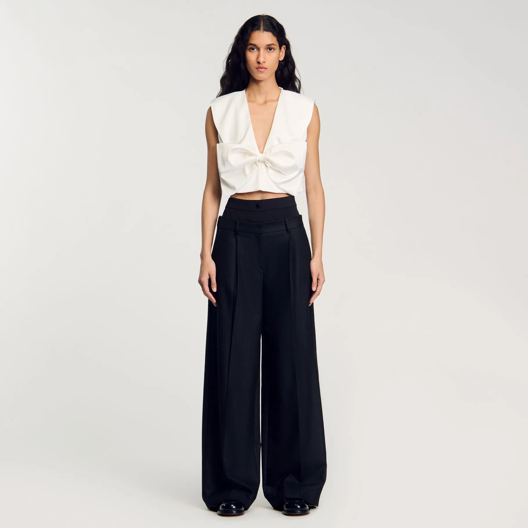 Online SANDRO Pantalon Rayé à Double Ceinture Noir