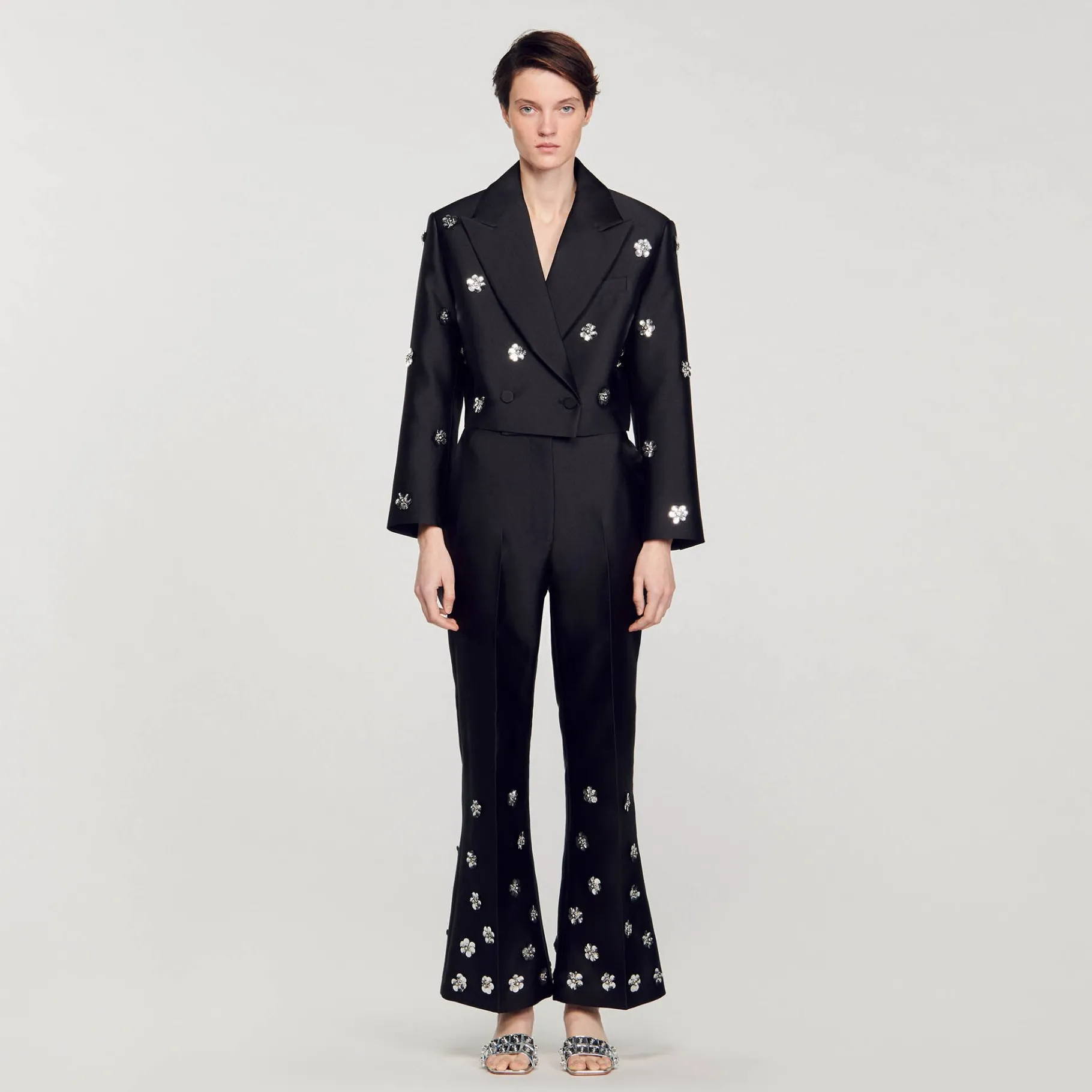 Online SANDRO Pantalon Satiné Orné De Sequins Noir