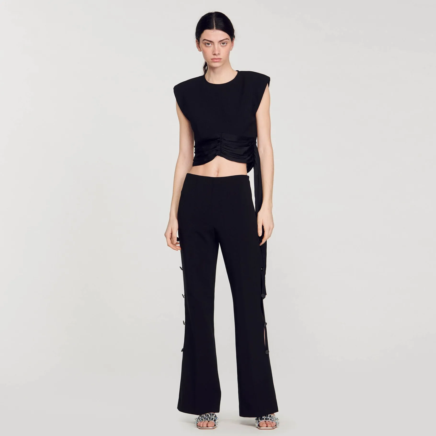 Discount SANDRO Pantalon évasé Ajouré Sur Les Côtés Noir
