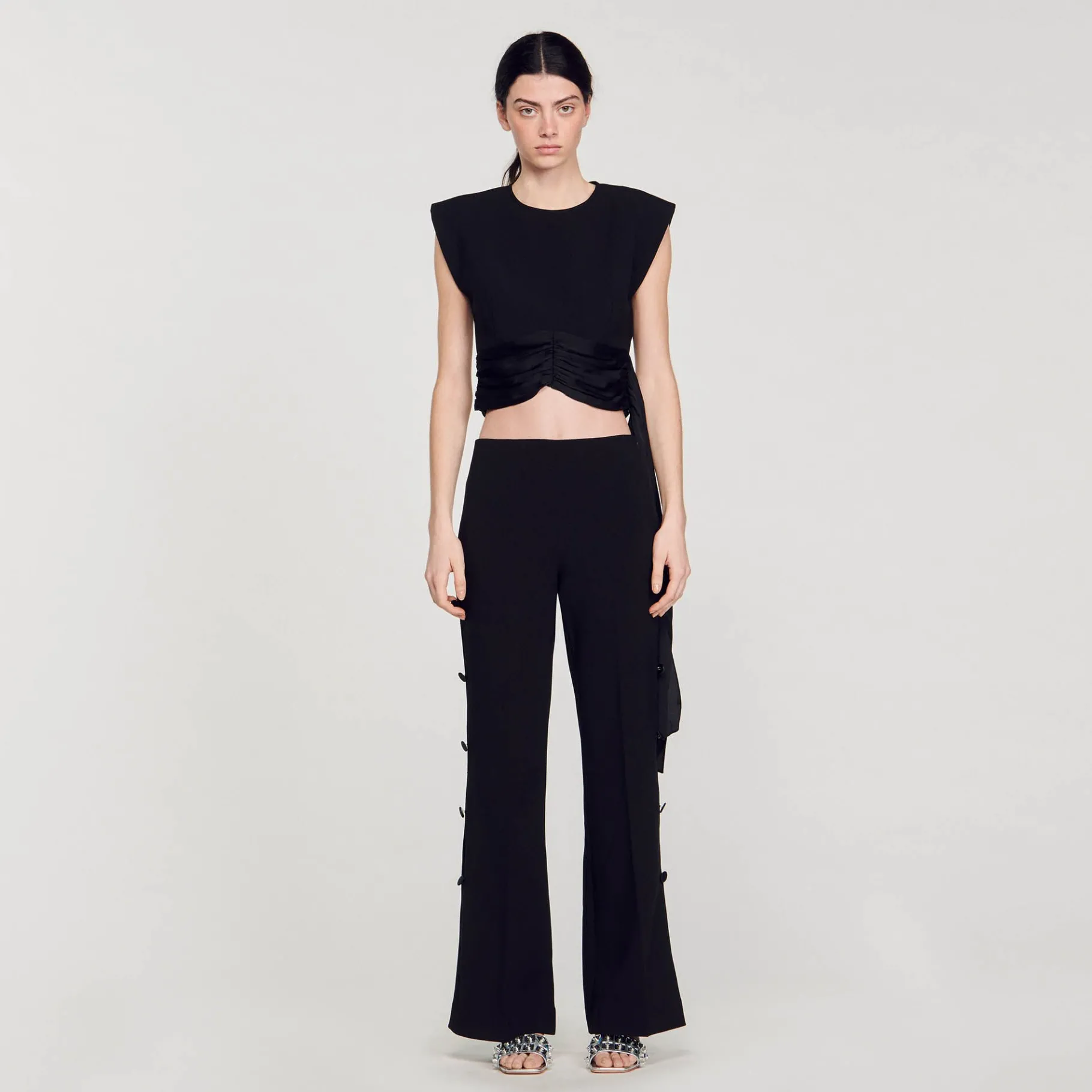 Discount SANDRO Pantalon évasé Ajouré Sur Les Côtés Noir