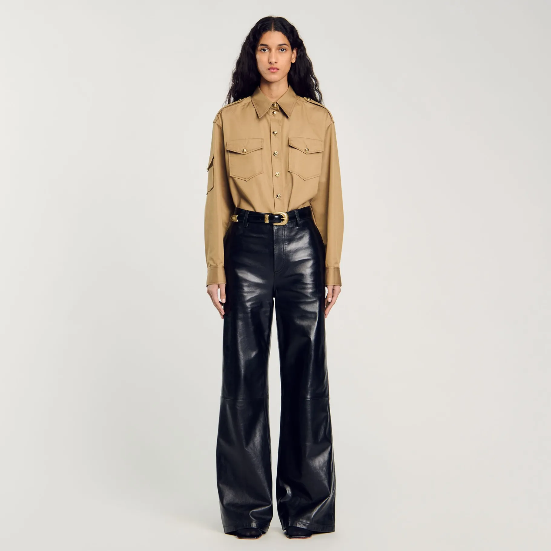 Hot SANDRO Pantalon évasé En Cuir Noir