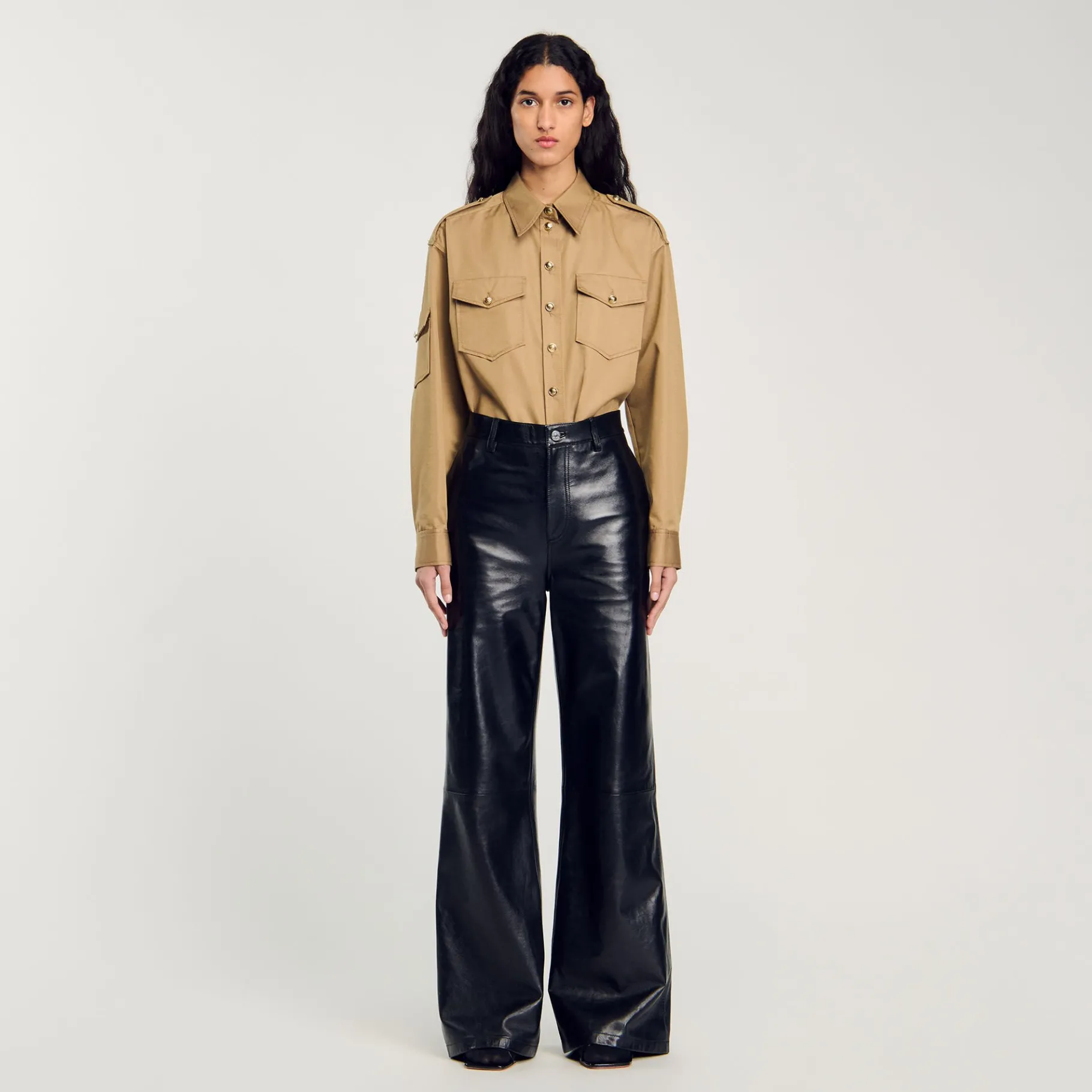 Hot SANDRO Pantalon évasé En Cuir Noir