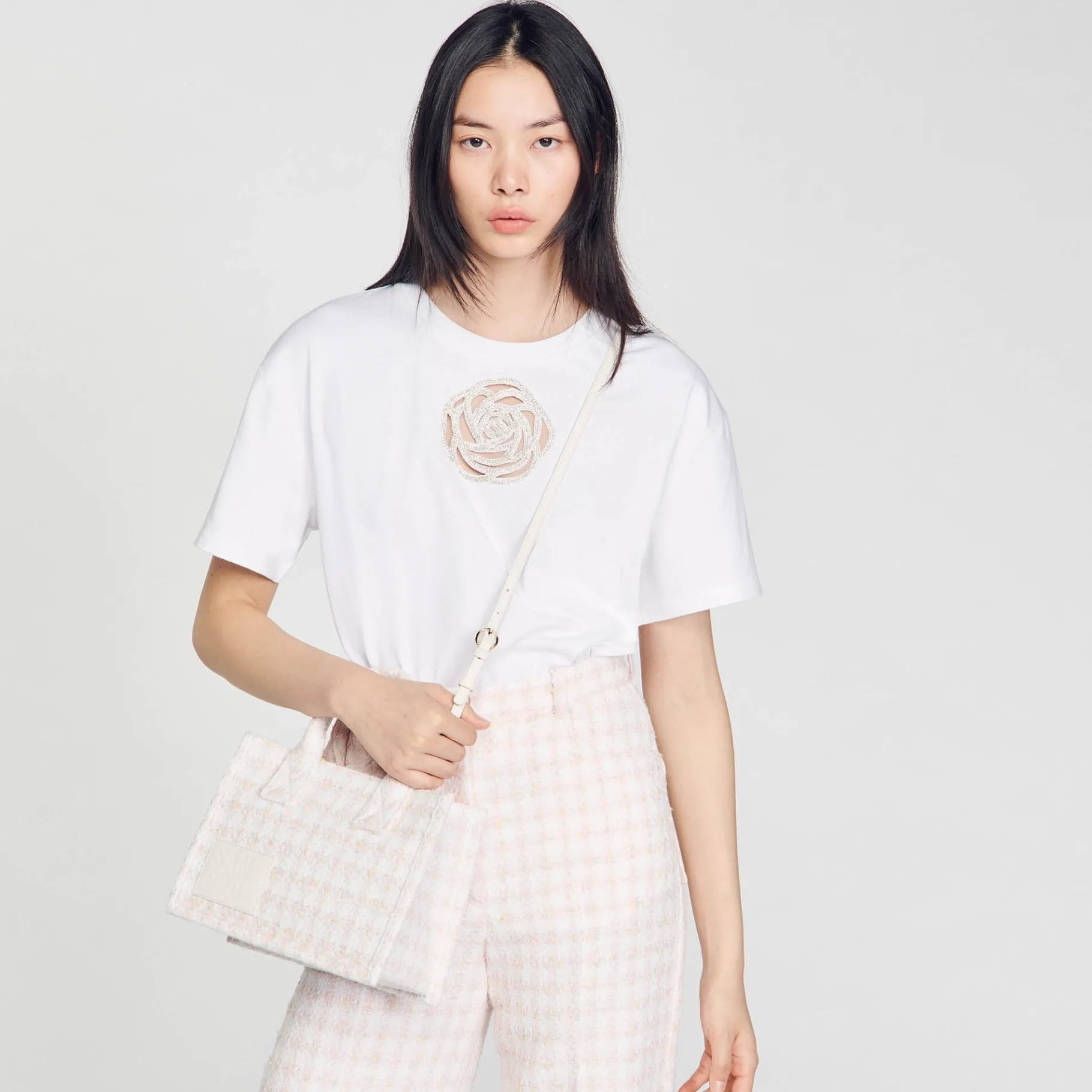 Discount SANDRO Petit Cabas Kasbah En Tweed Rose Clair