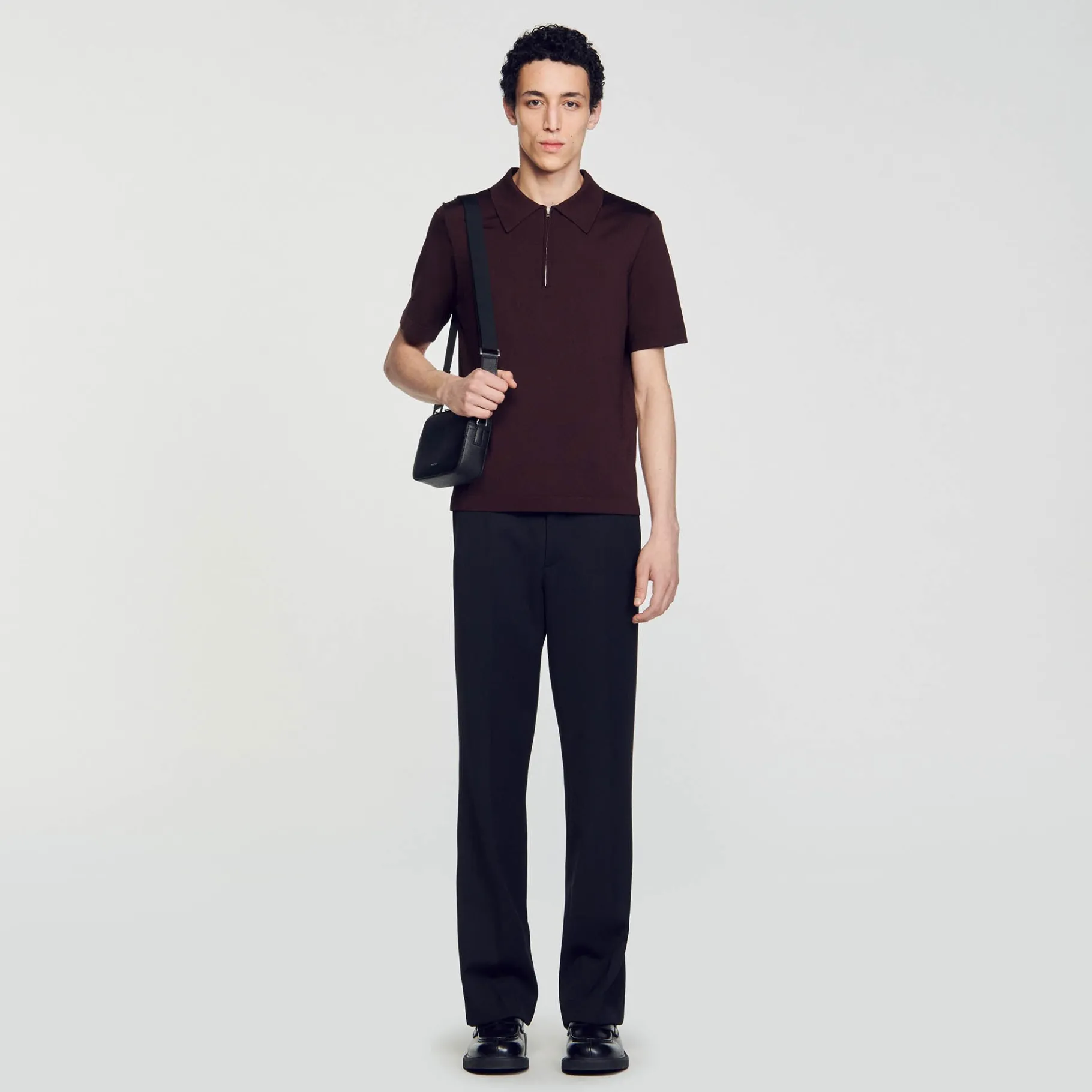Best SANDRO Polo En Maille à Col Zippé Marron Foncé