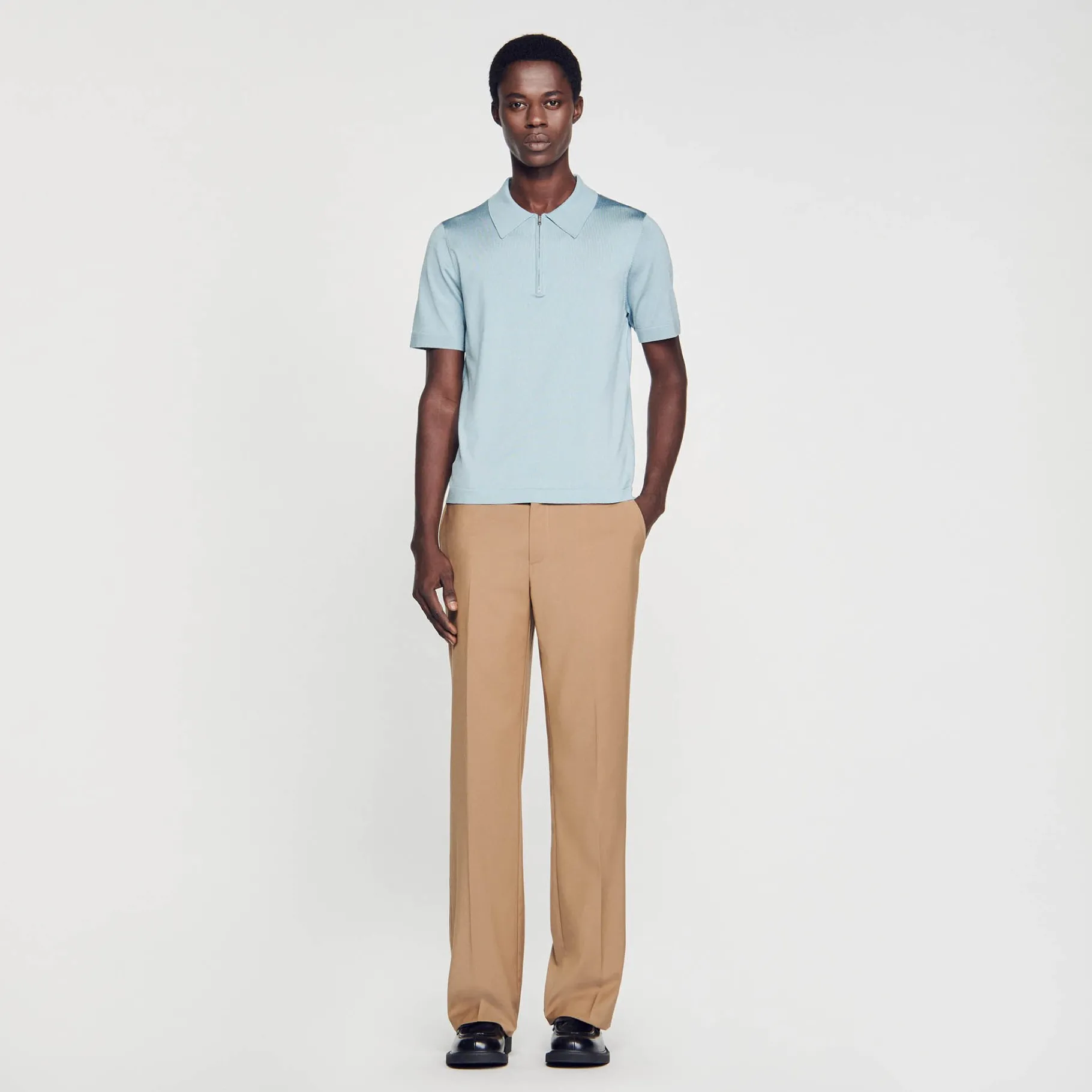 Store SANDRO Polo En Maille à Col Zippé Bleu Ciel