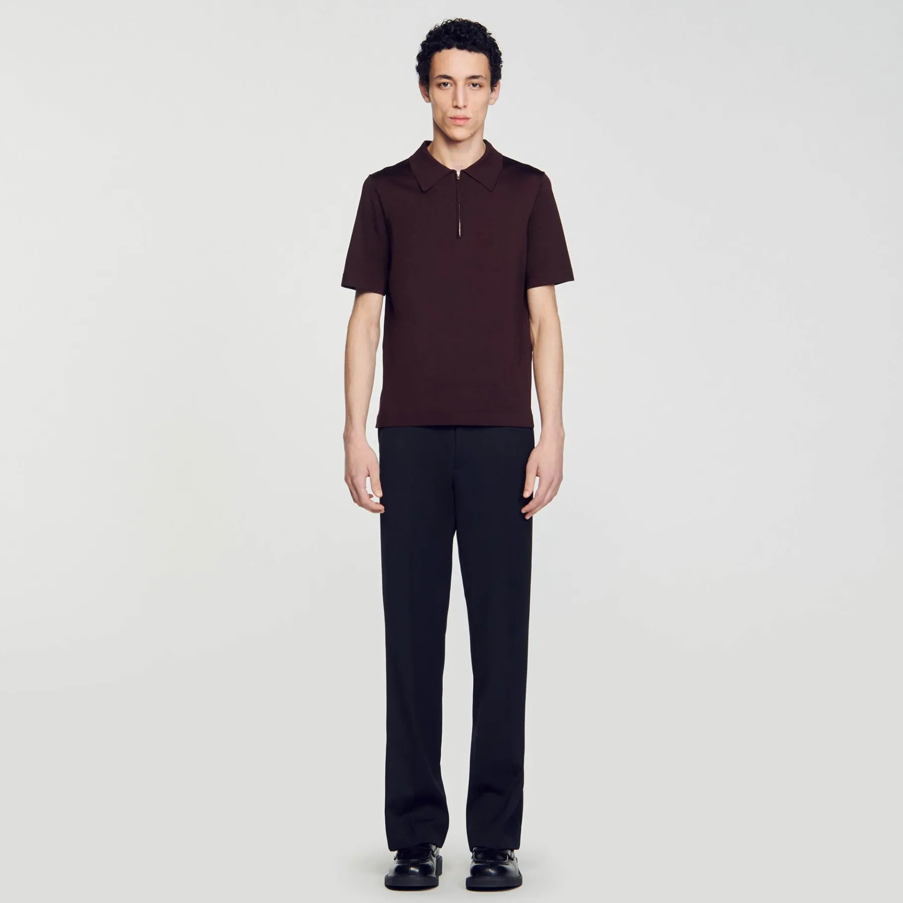 Best SANDRO Polo En Maille à Col Zippé Marron Foncé