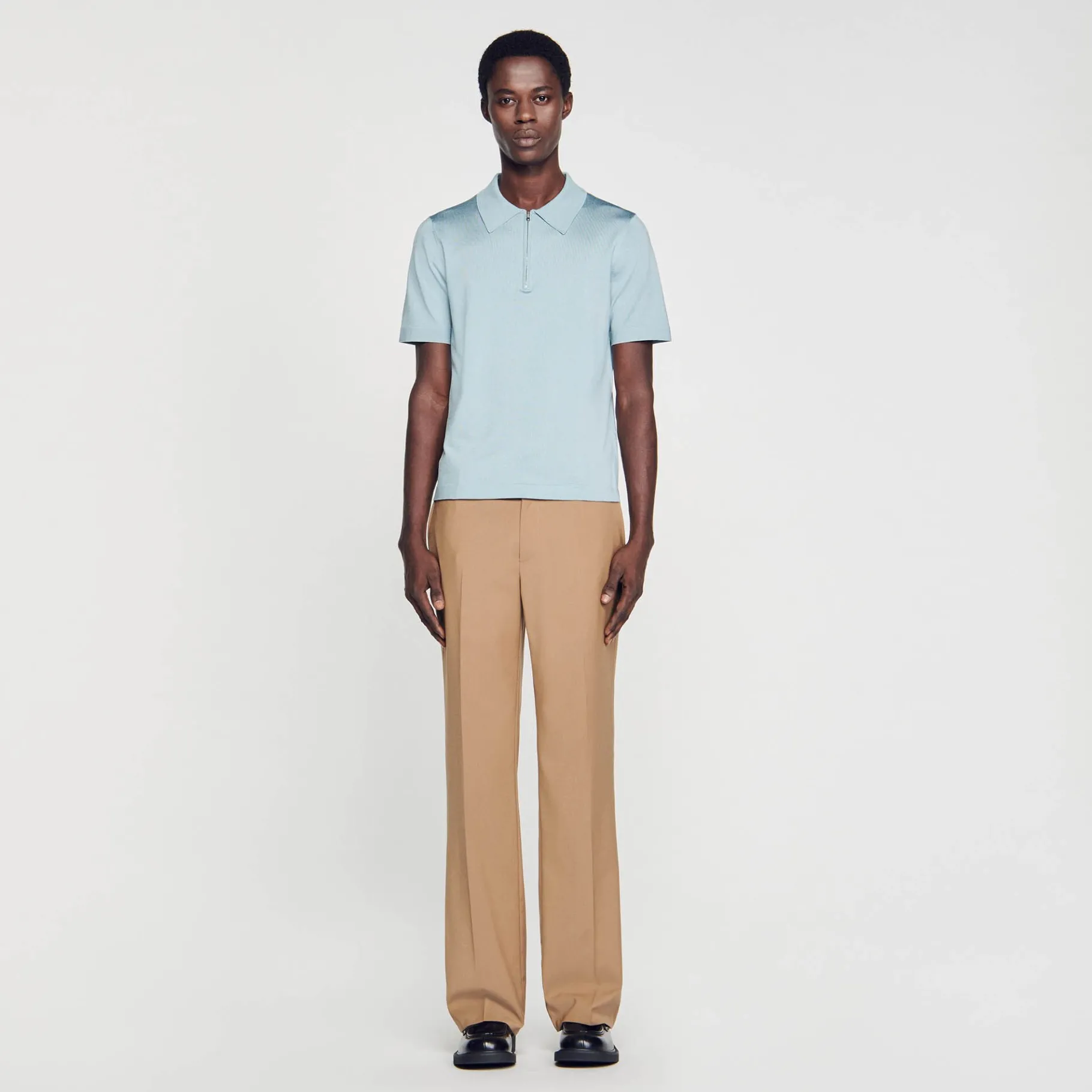 Store SANDRO Polo En Maille à Col Zippé Bleu Ciel