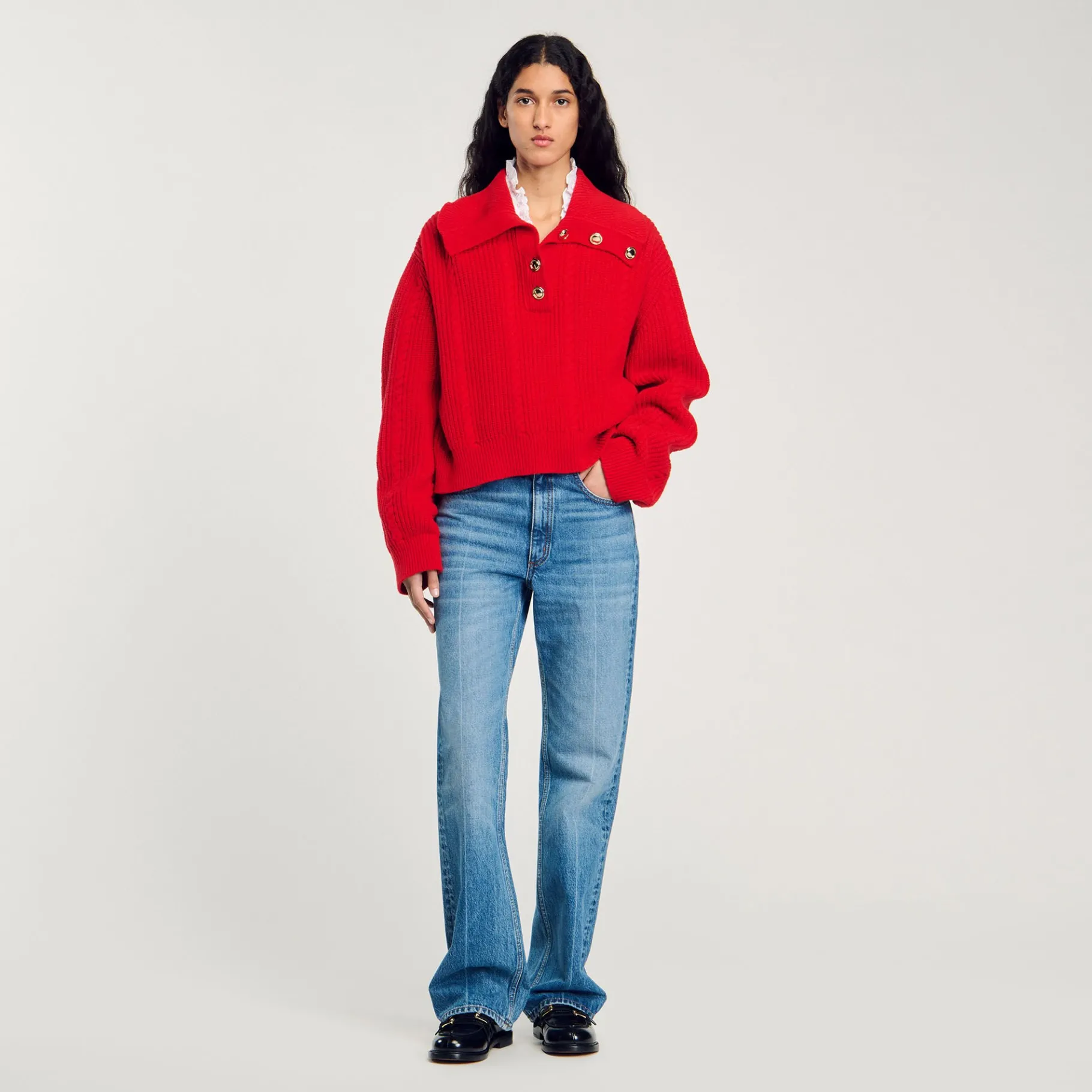 Fashion SANDRO Pull à Col Boutonné Rouge