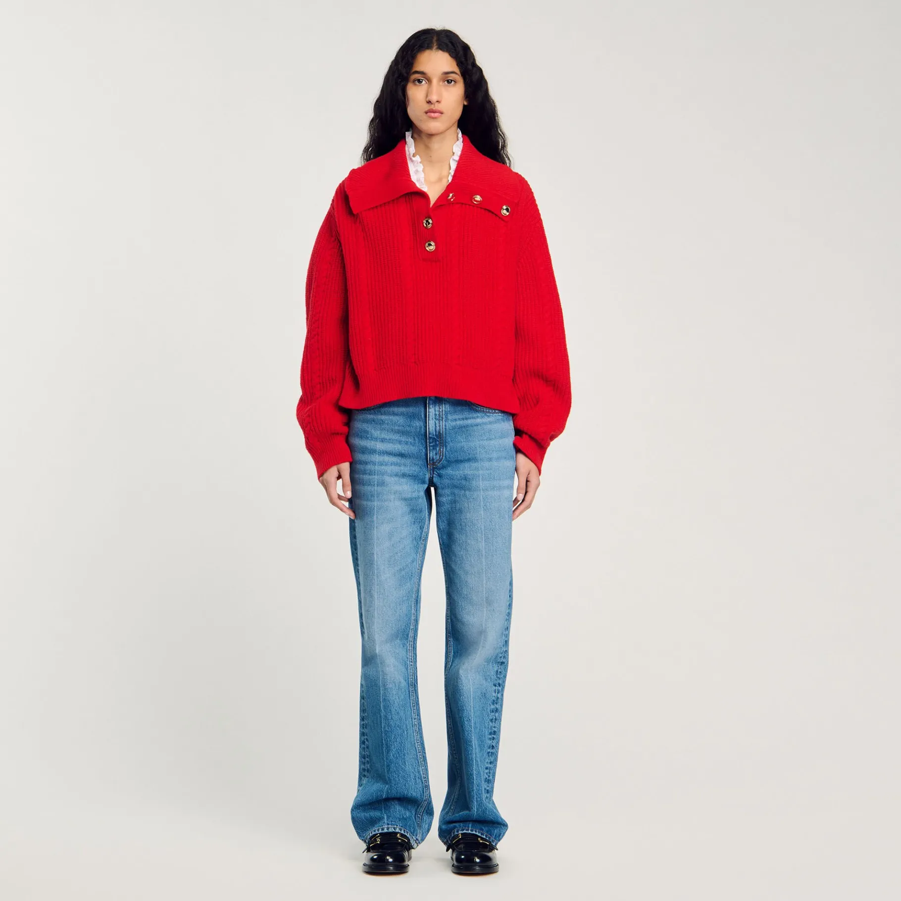 Fashion SANDRO Pull à Col Boutonné Rouge