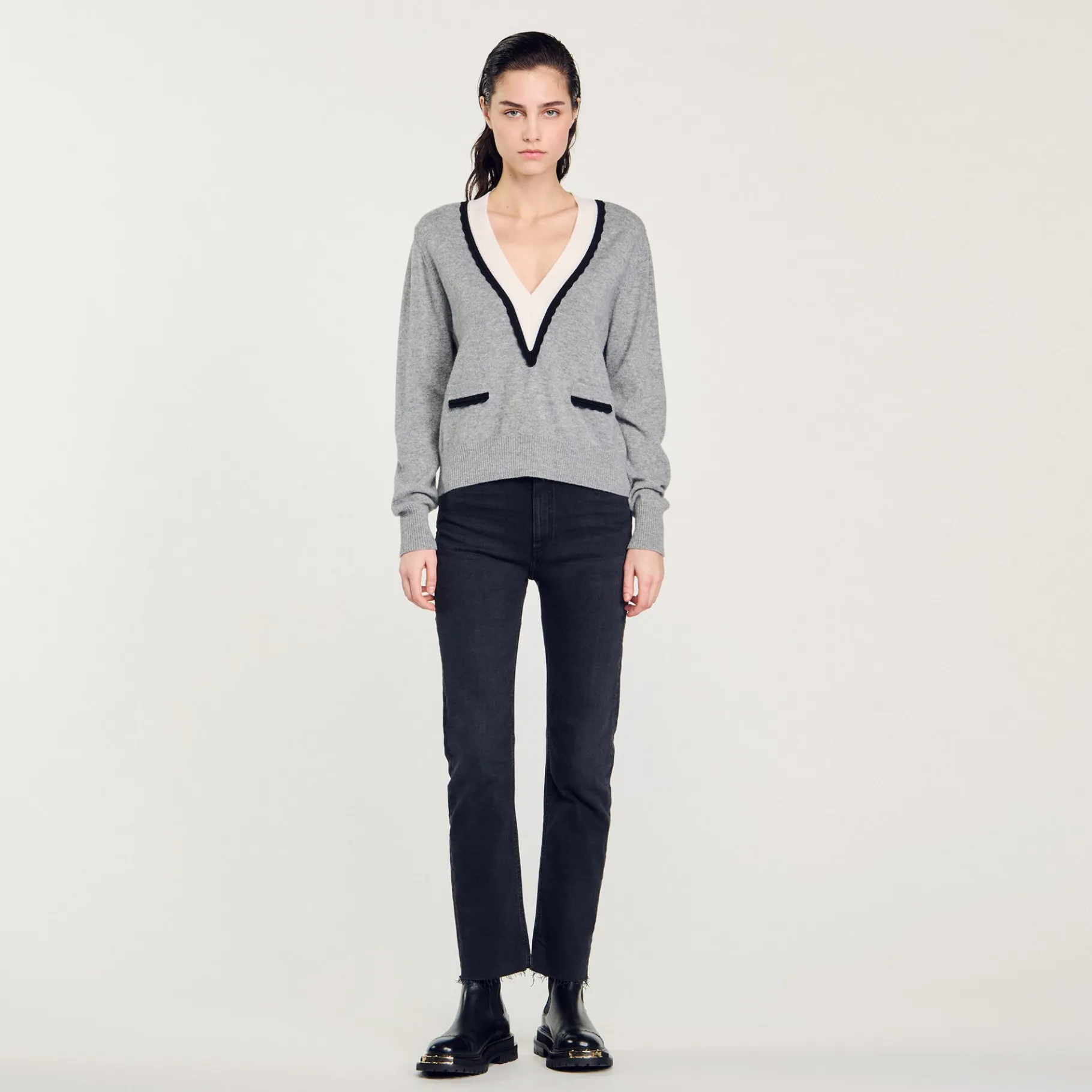 Online SANDRO Pull à Col V Profond Contrasté gris chiné