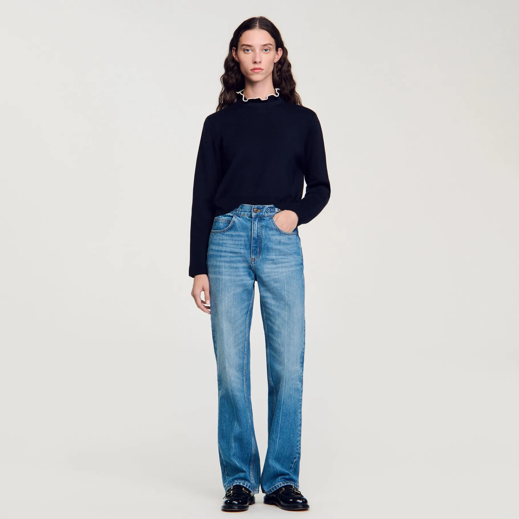 Store SANDRO Pull à Col Volanté Marine