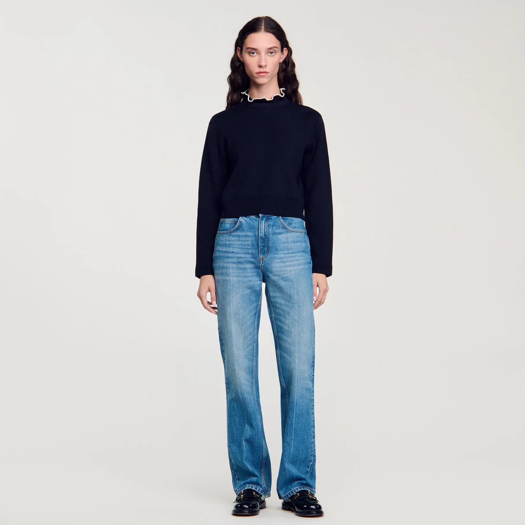Store SANDRO Pull à Col Volanté Marine