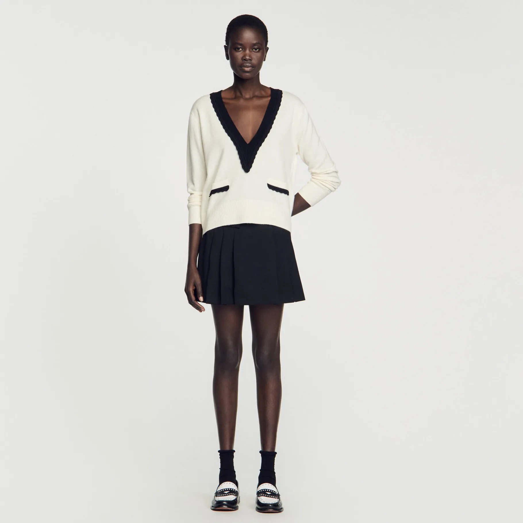 Hot SANDRO Pull Col V Bicolore En Laine Ecru