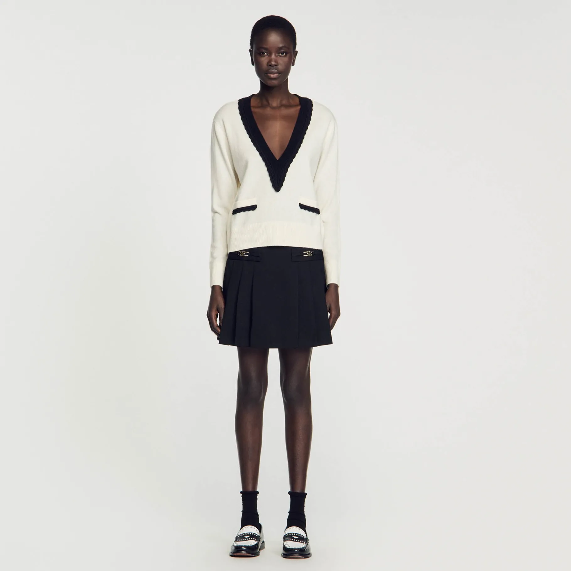 Hot SANDRO Pull Col V Bicolore En Laine Ecru