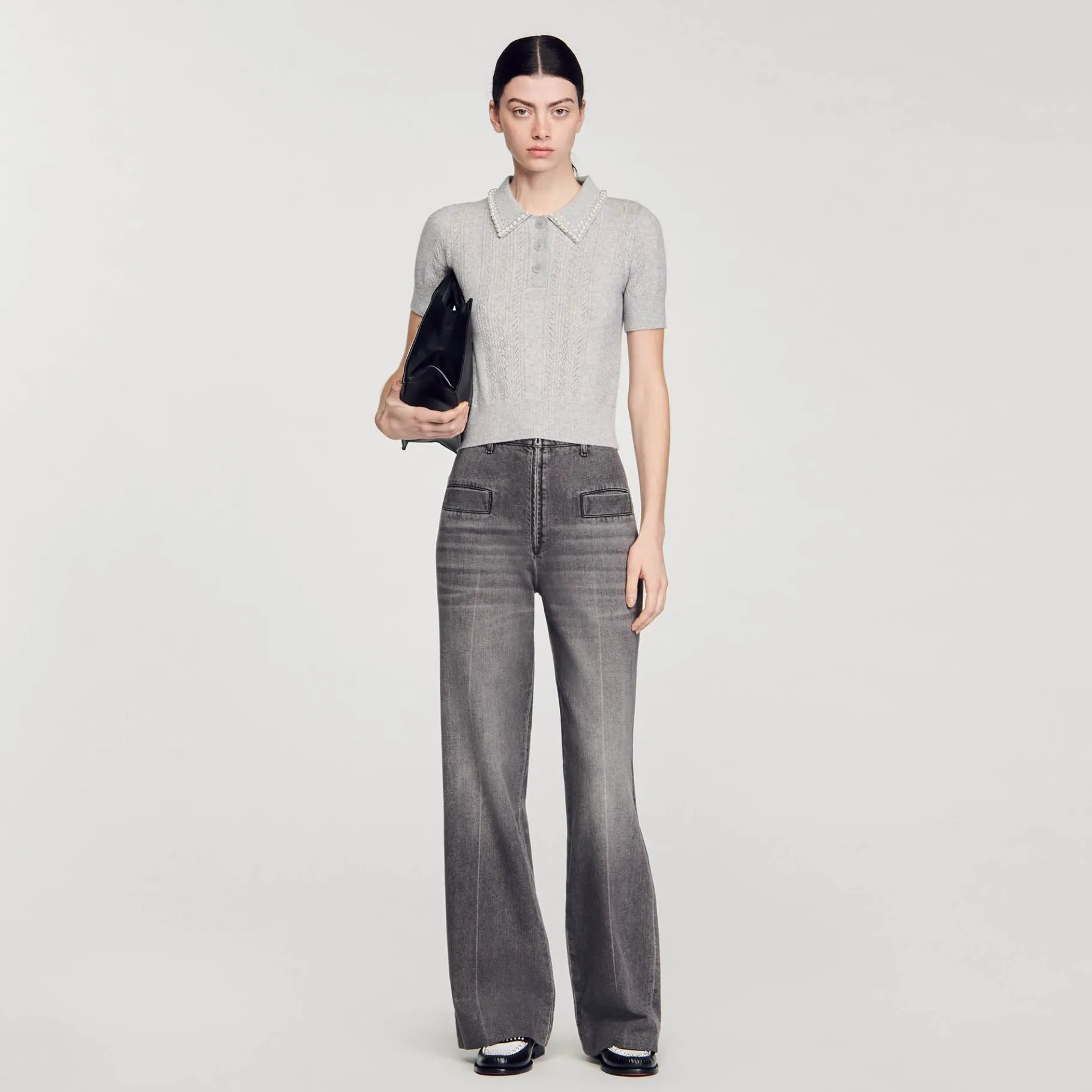 Best SANDRO Pull Court Col Polo Gris Clair