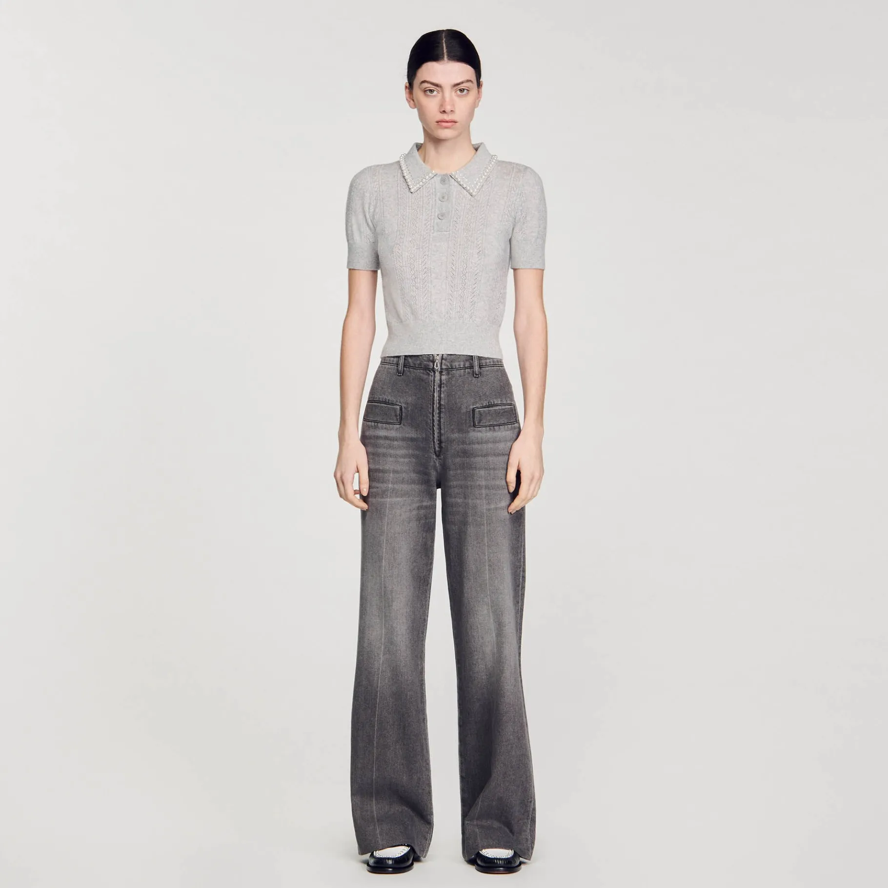 Best SANDRO Pull Court Col Polo Gris Clair