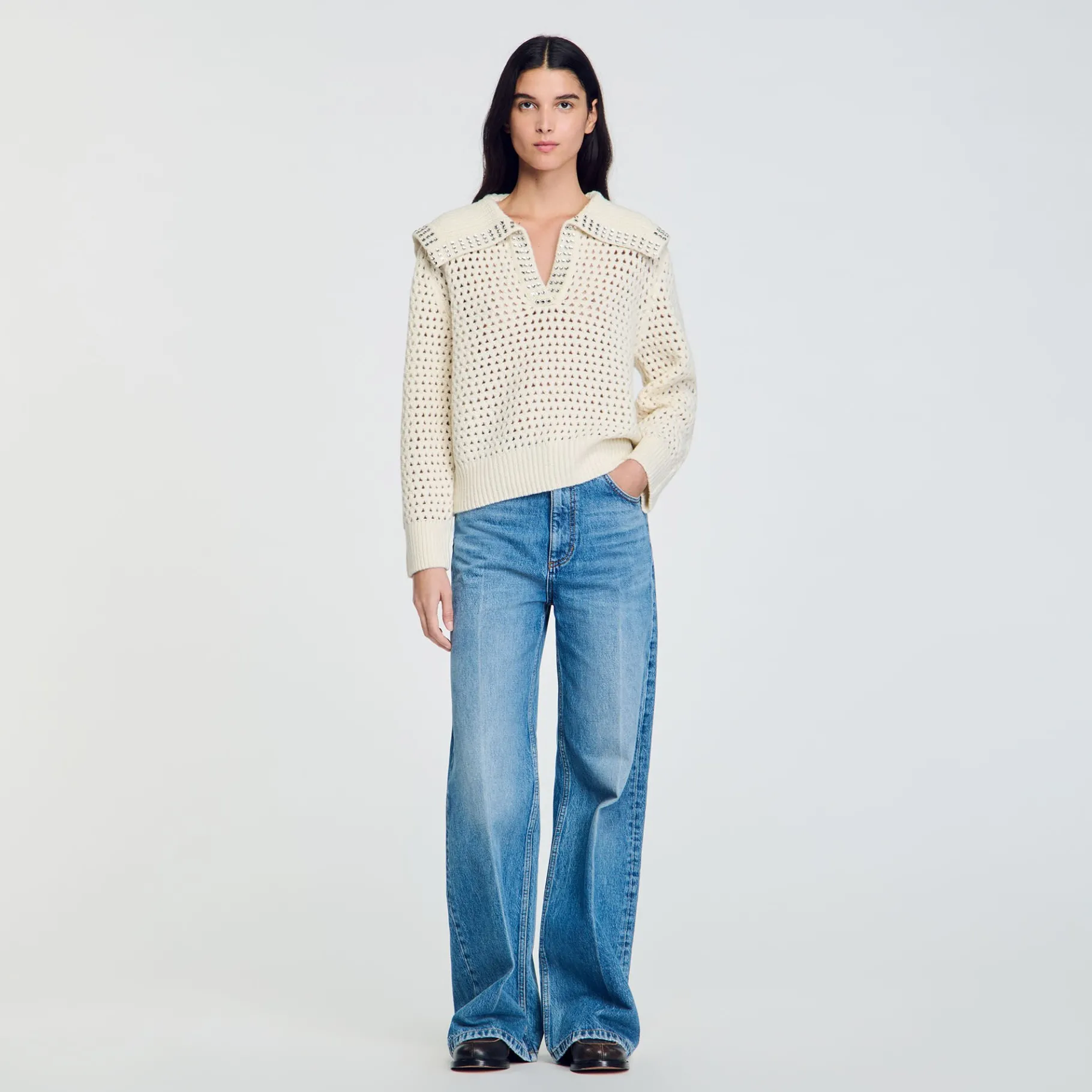 Best Sale SANDRO Pull En Laine à Col Vareuse Ecru