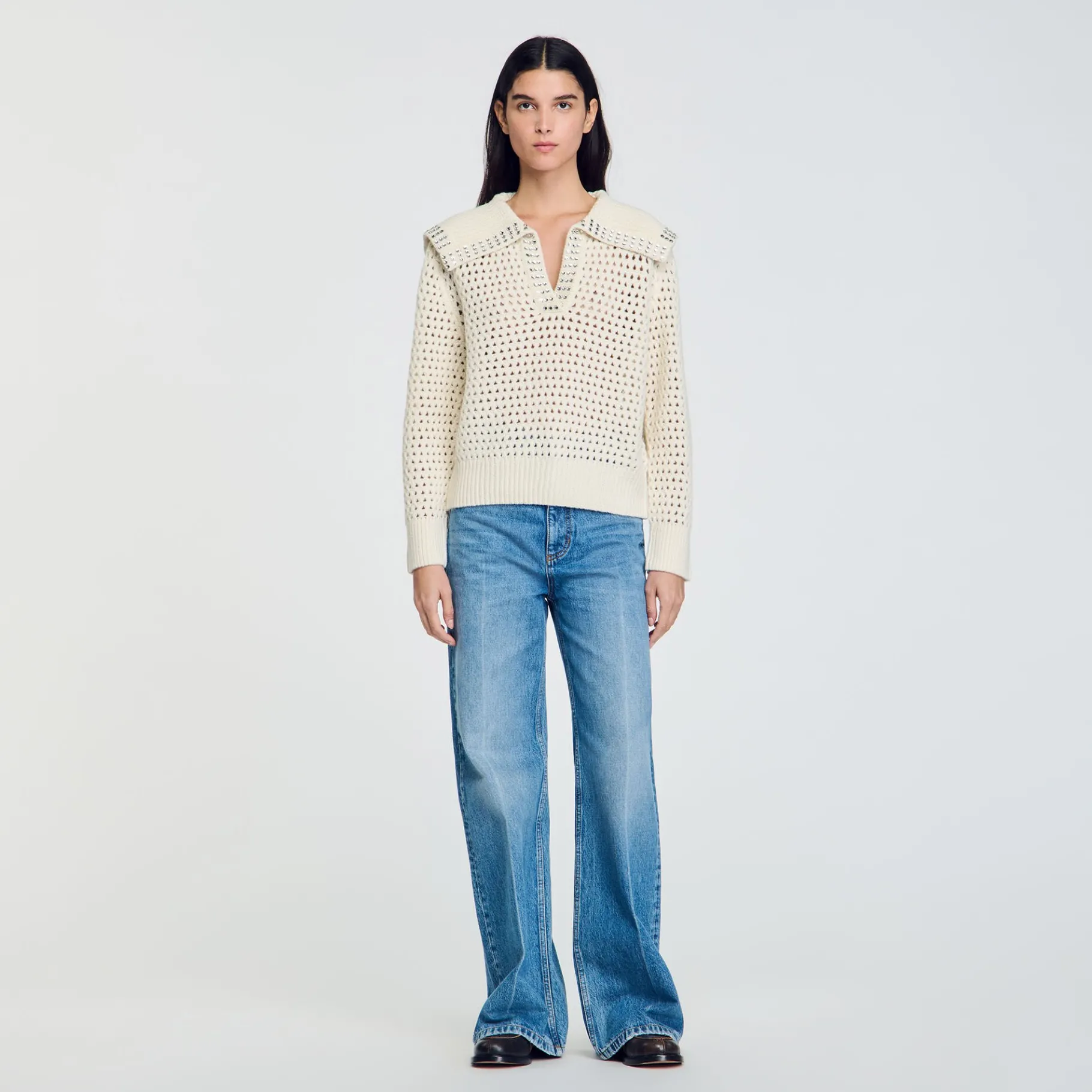Best Sale SANDRO Pull En Laine à Col Vareuse Ecru