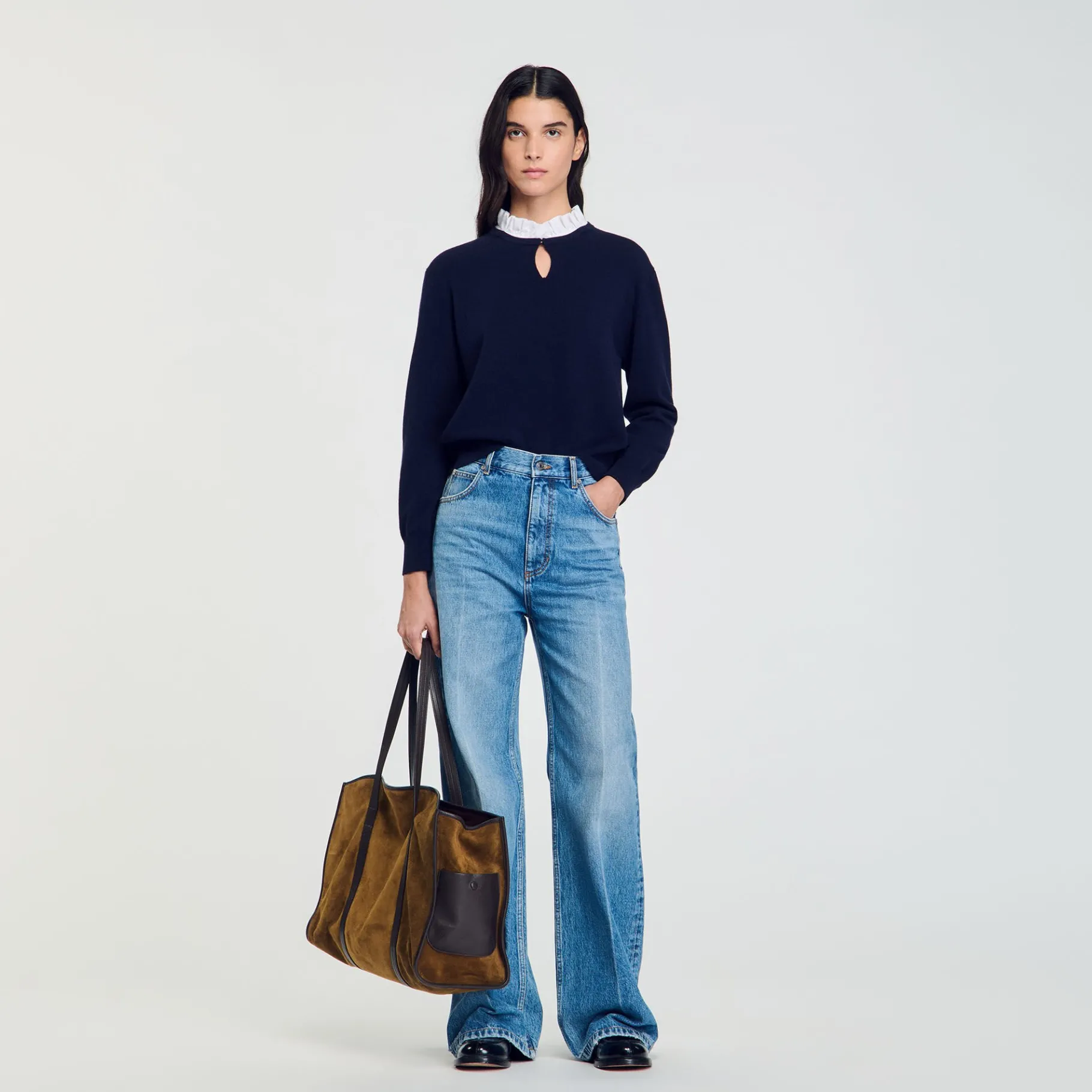 Cheap SANDRO Pull En Laine Et Cachemire à Volant Marine