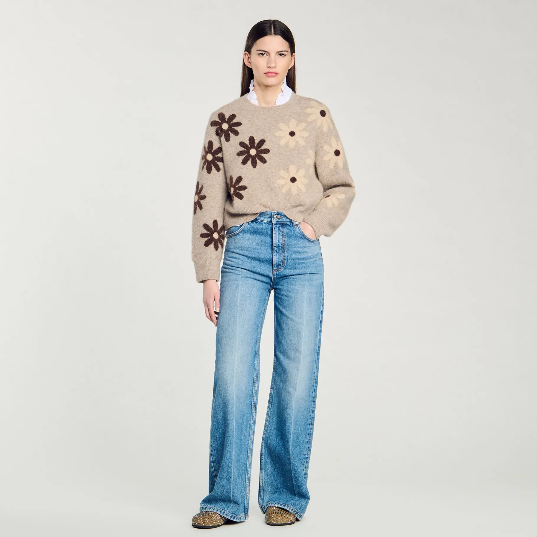 Hot SANDRO Pull En Maille à Fleurs Beige