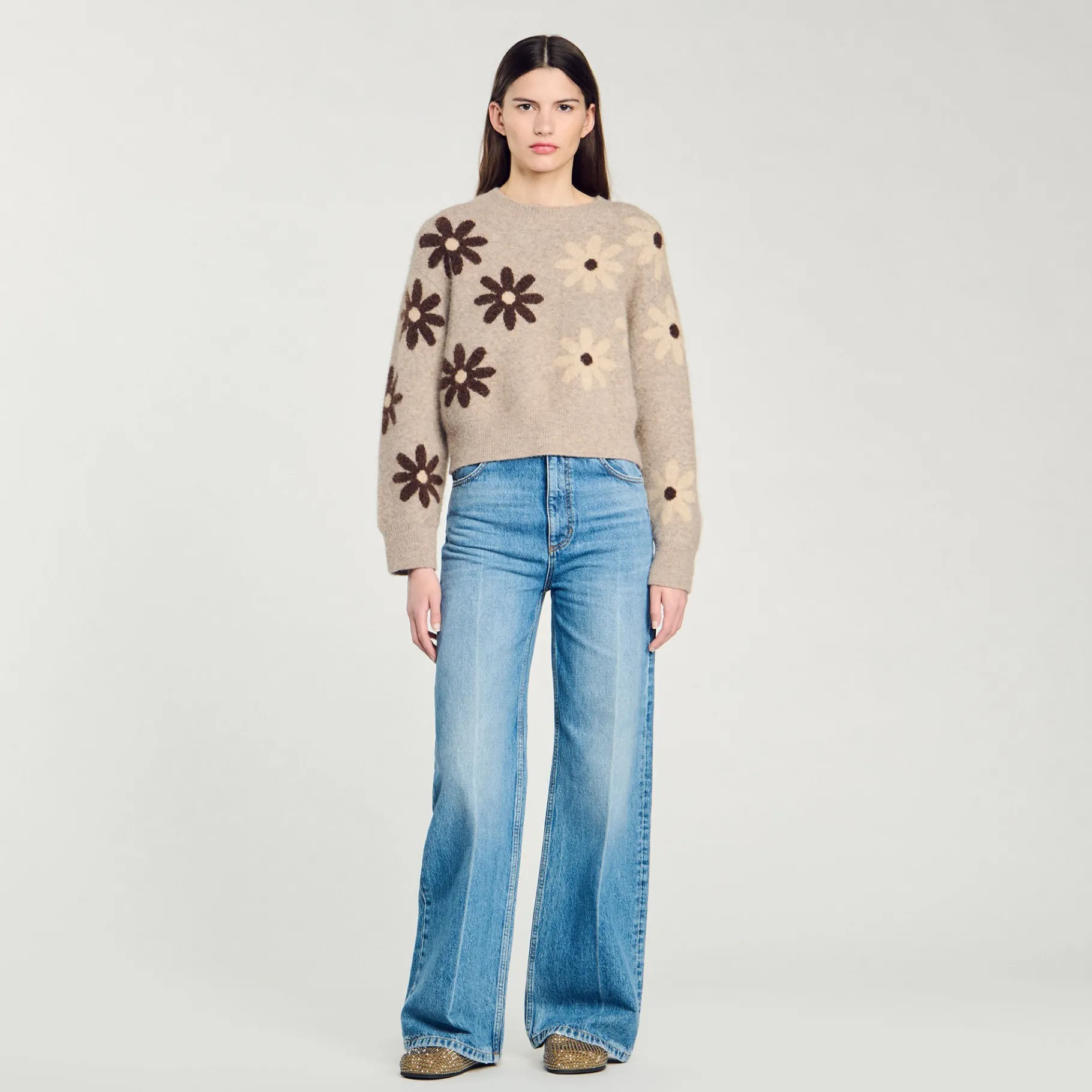 Hot SANDRO Pull En Maille à Fleurs Beige