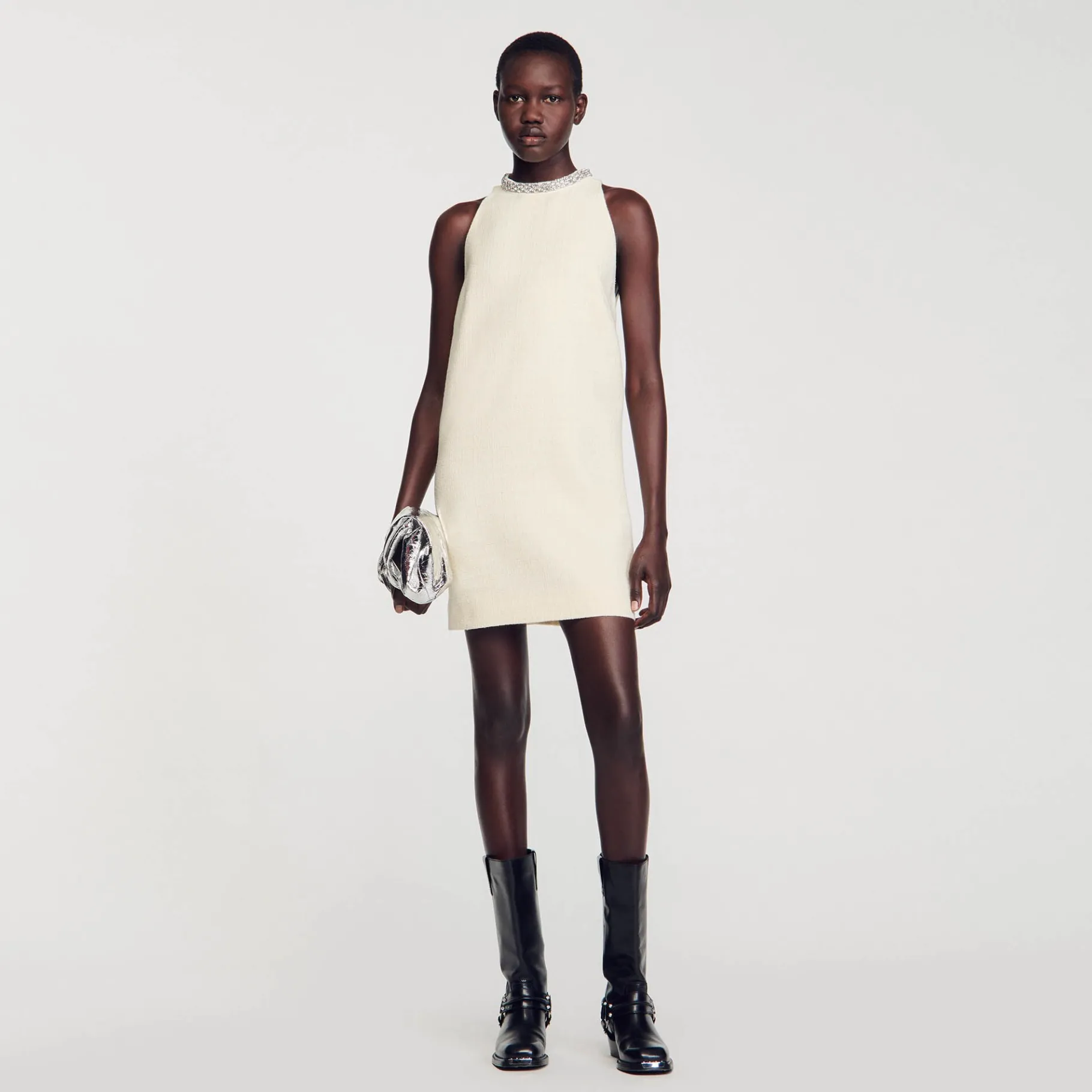 Sale SANDRO Robe à Col Bijoux Ecru