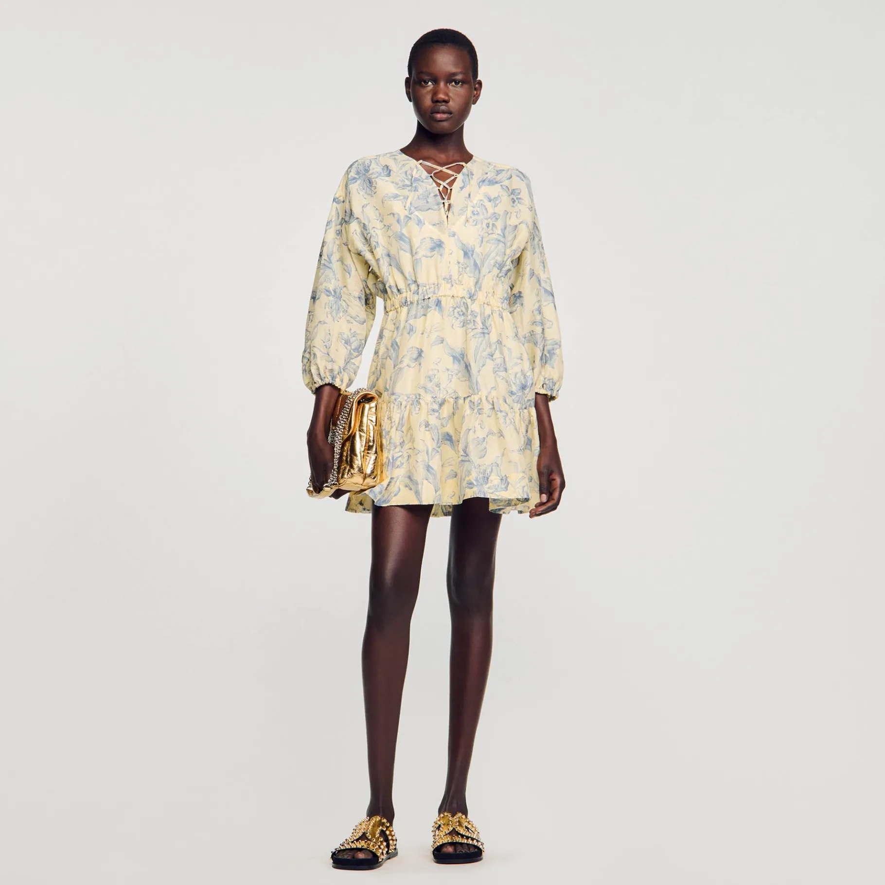 Fashion SANDRO Robe à Imprimé Fleuri Ecru / Bleu