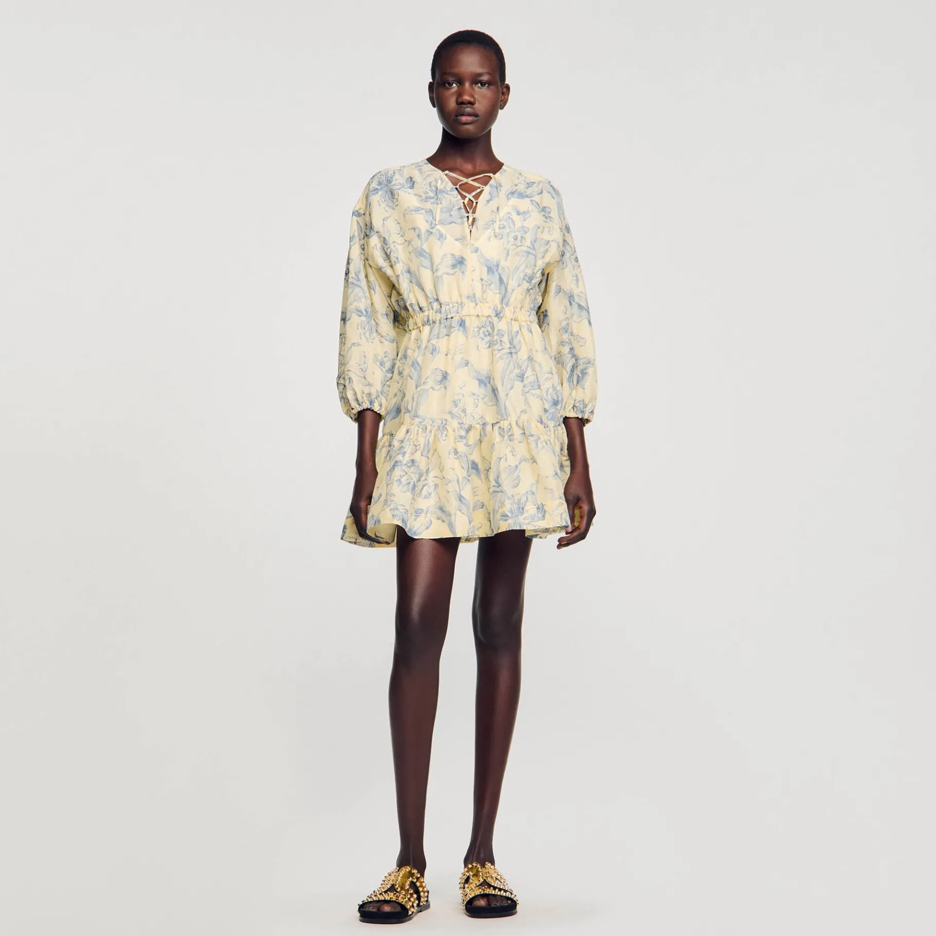 Fashion SANDRO Robe à Imprimé Fleuri Ecru / Bleu