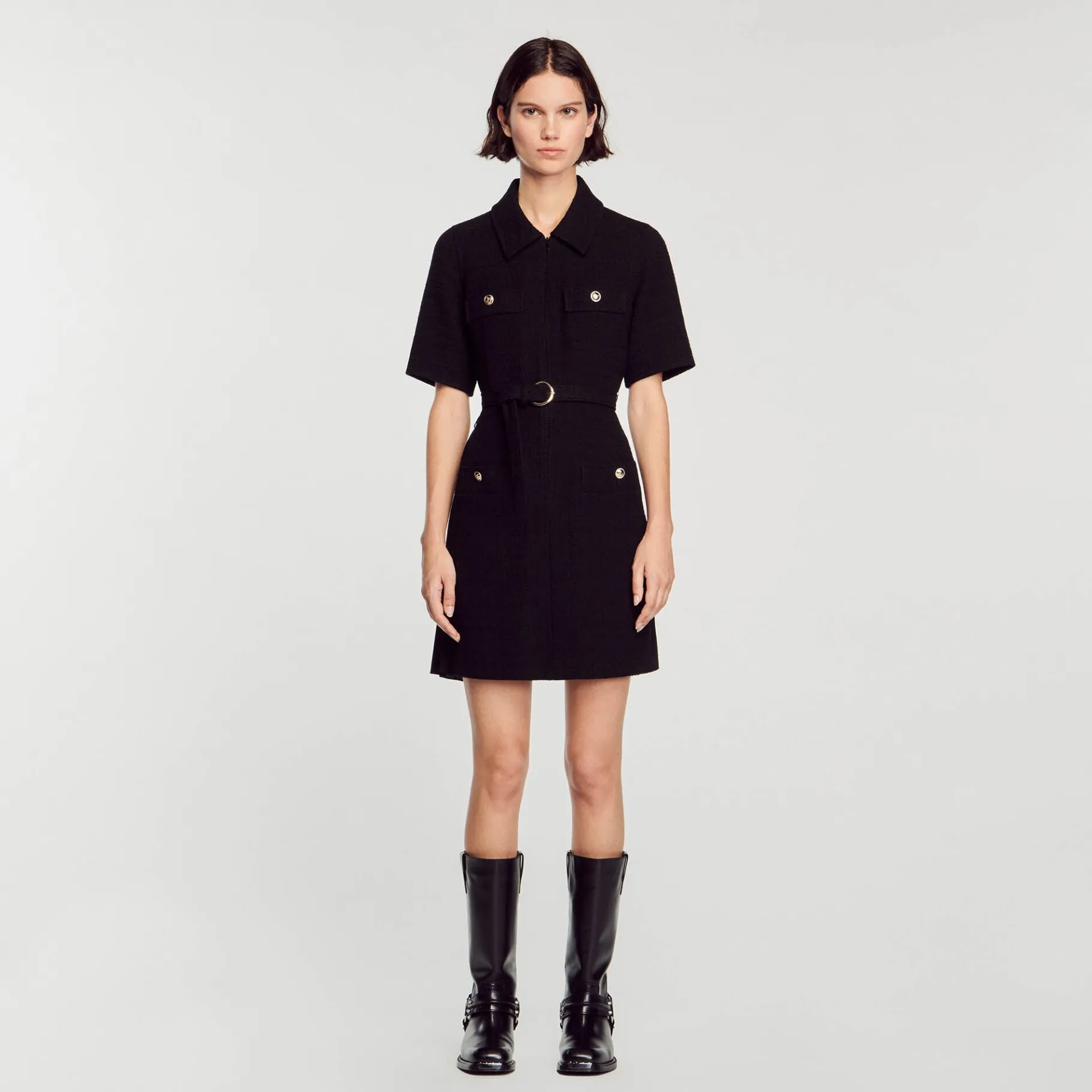 Best Sale SANDRO Robe à Manches Courtes Bi Matières Noir