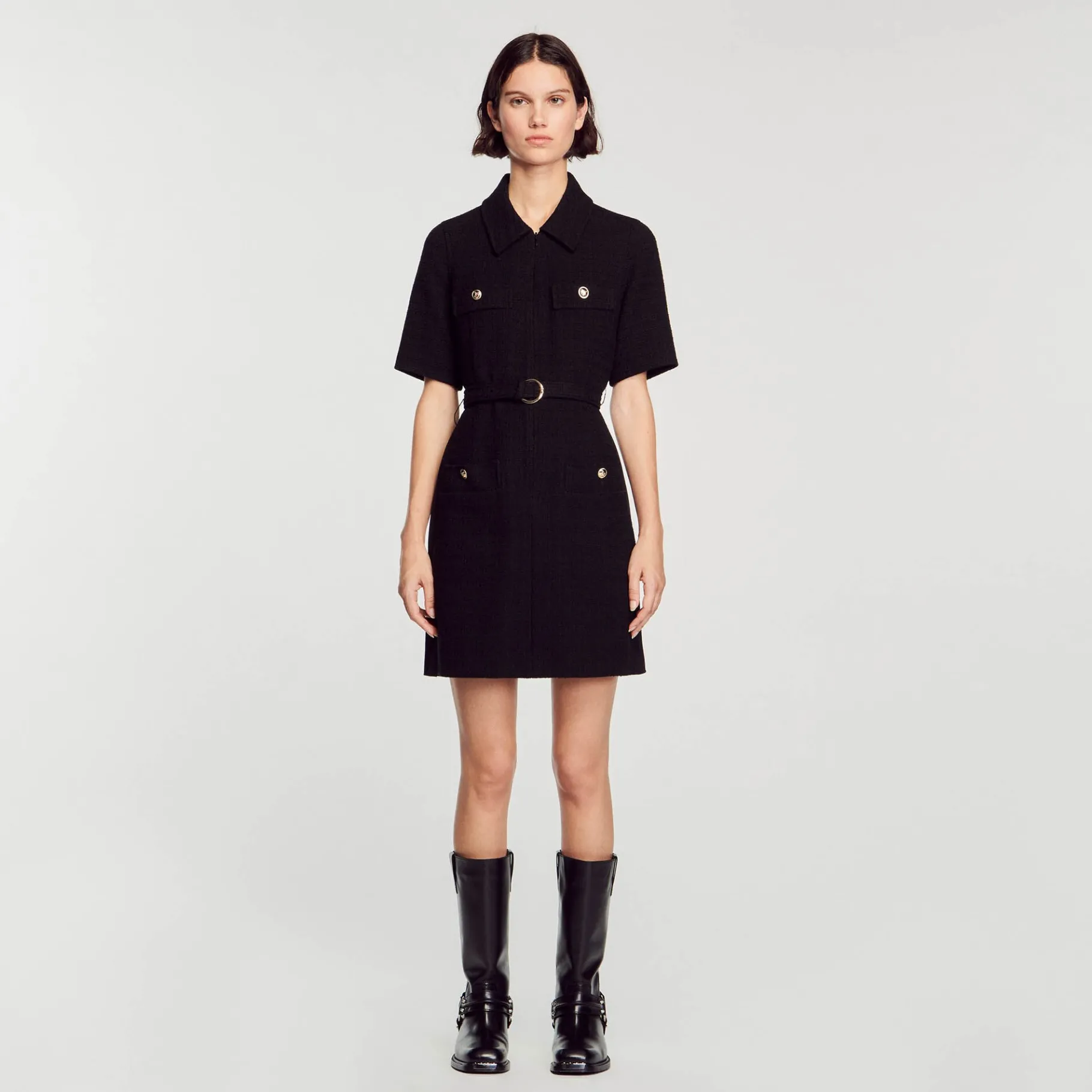 Best Sale SANDRO Robe à Manches Courtes Bi Matières Noir