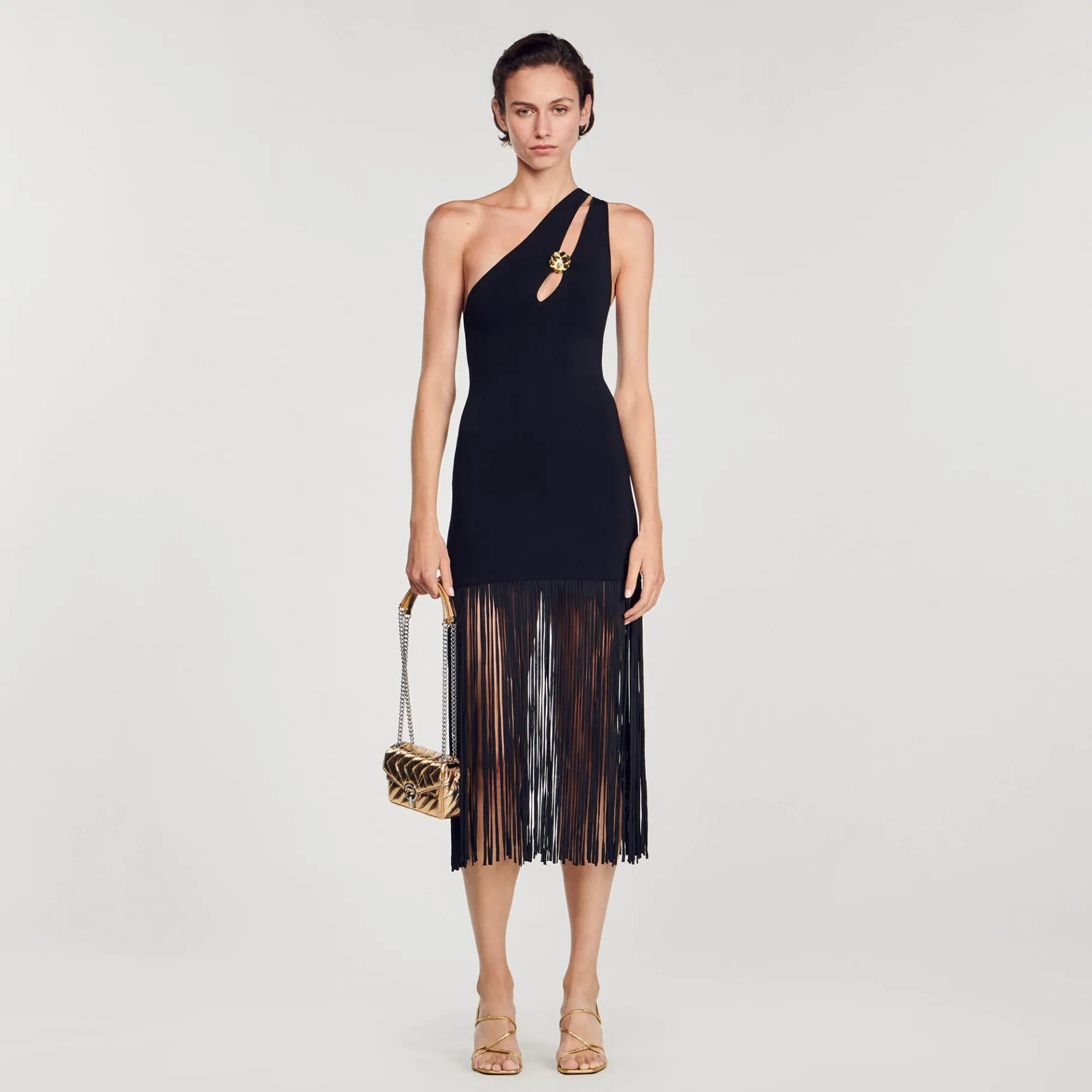 Online SANDRO Robe Asymétrique à Franges Noir