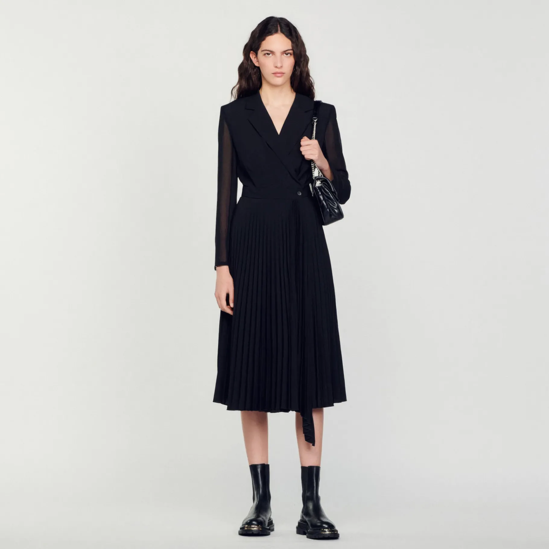 Cheap SANDRO Robe Bi-matière à Manches Longues Noir