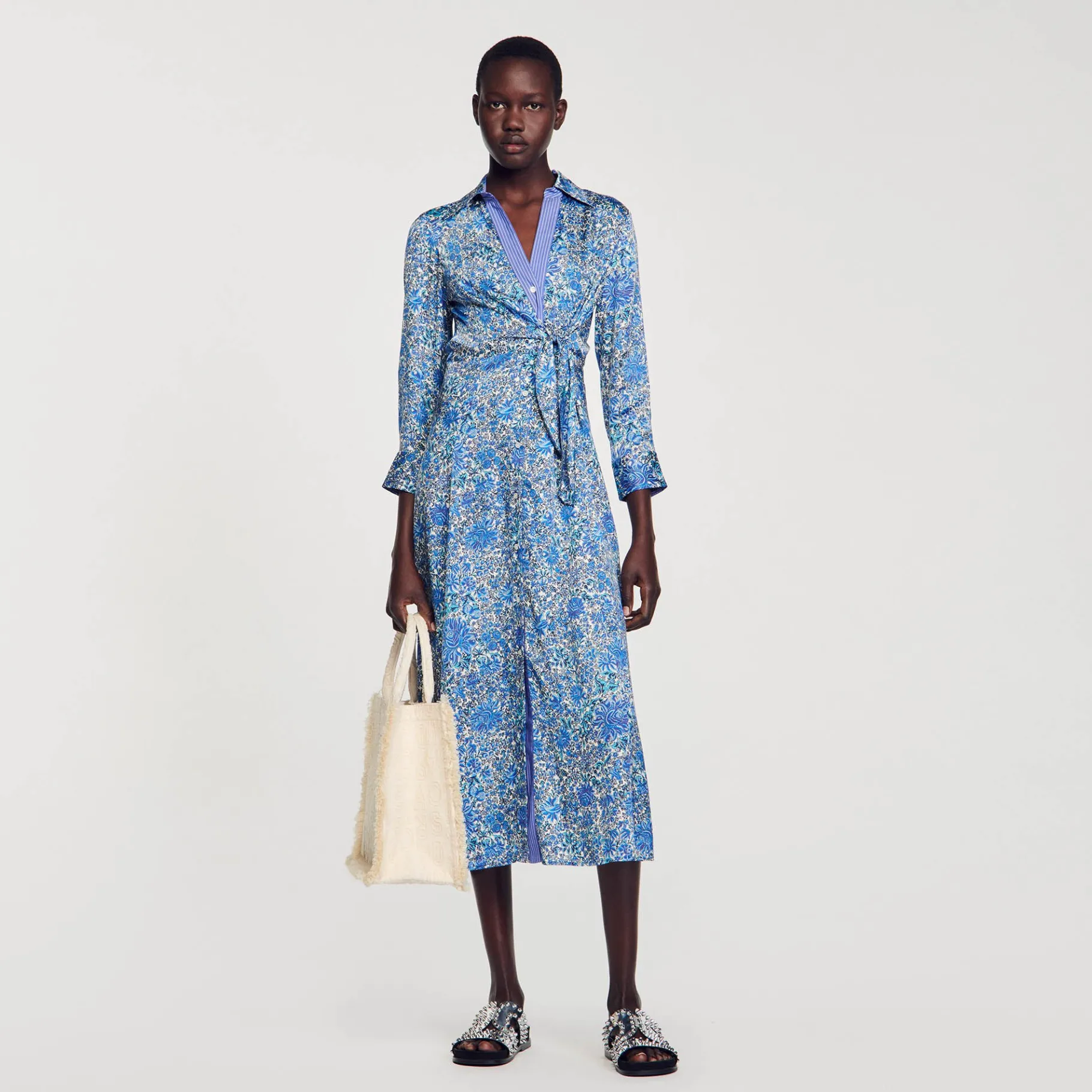 New SANDRO Robe Chemise Midi à Imprimé Fleuri Bleu / Blanc