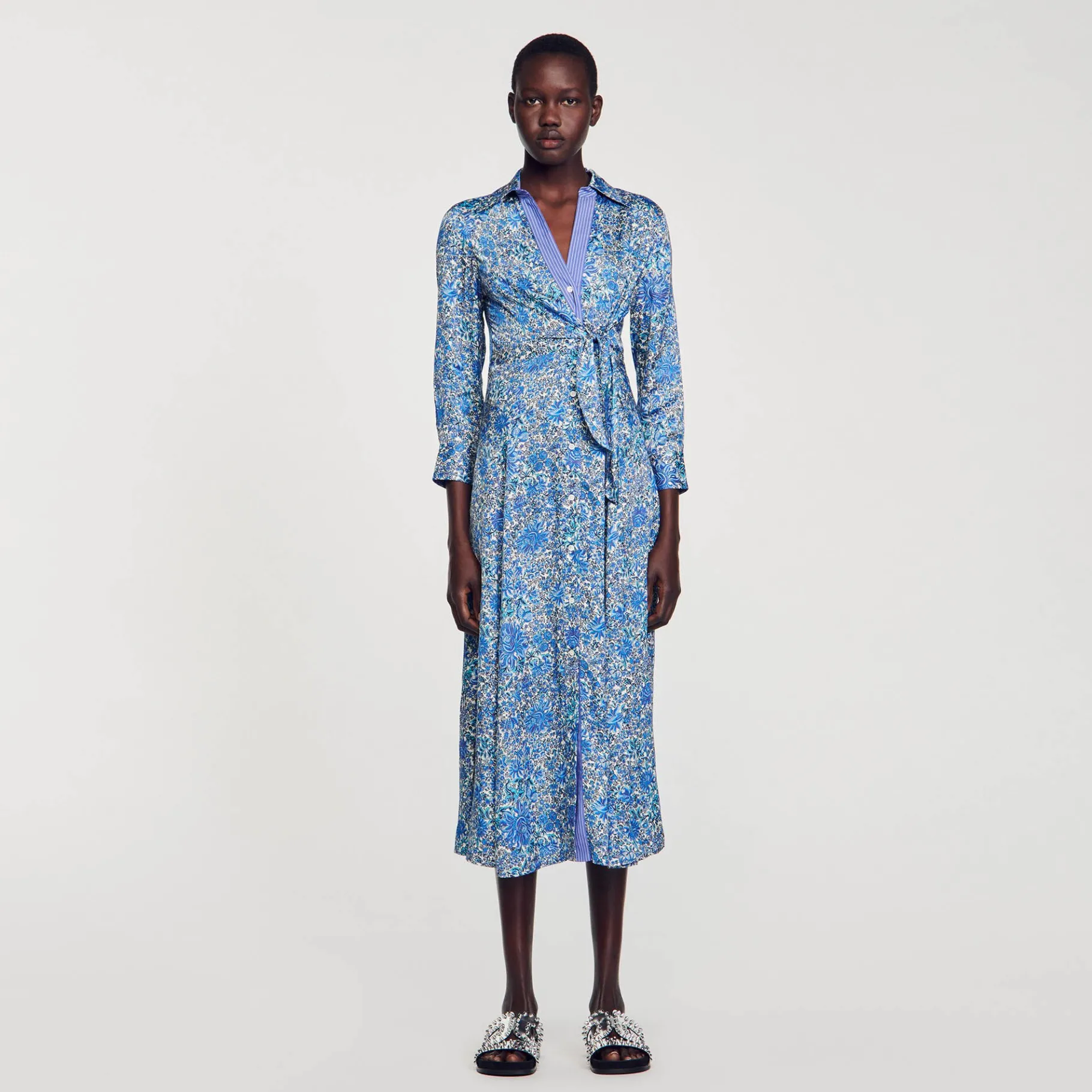 New SANDRO Robe Chemise Midi à Imprimé Fleuri Bleu / Blanc