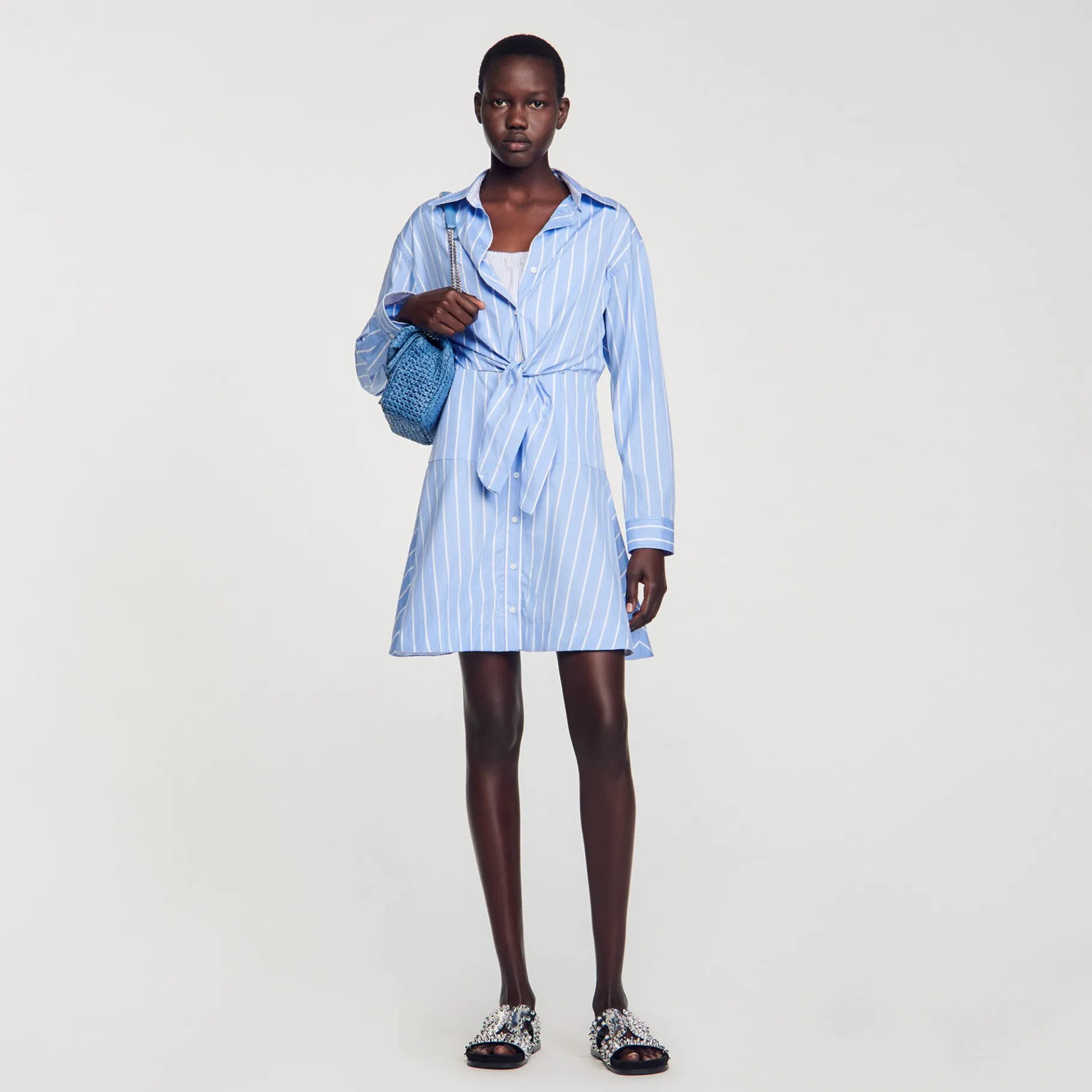 Store SANDRO Robe Chemise Nouée à Rayures Bleu / Blanc