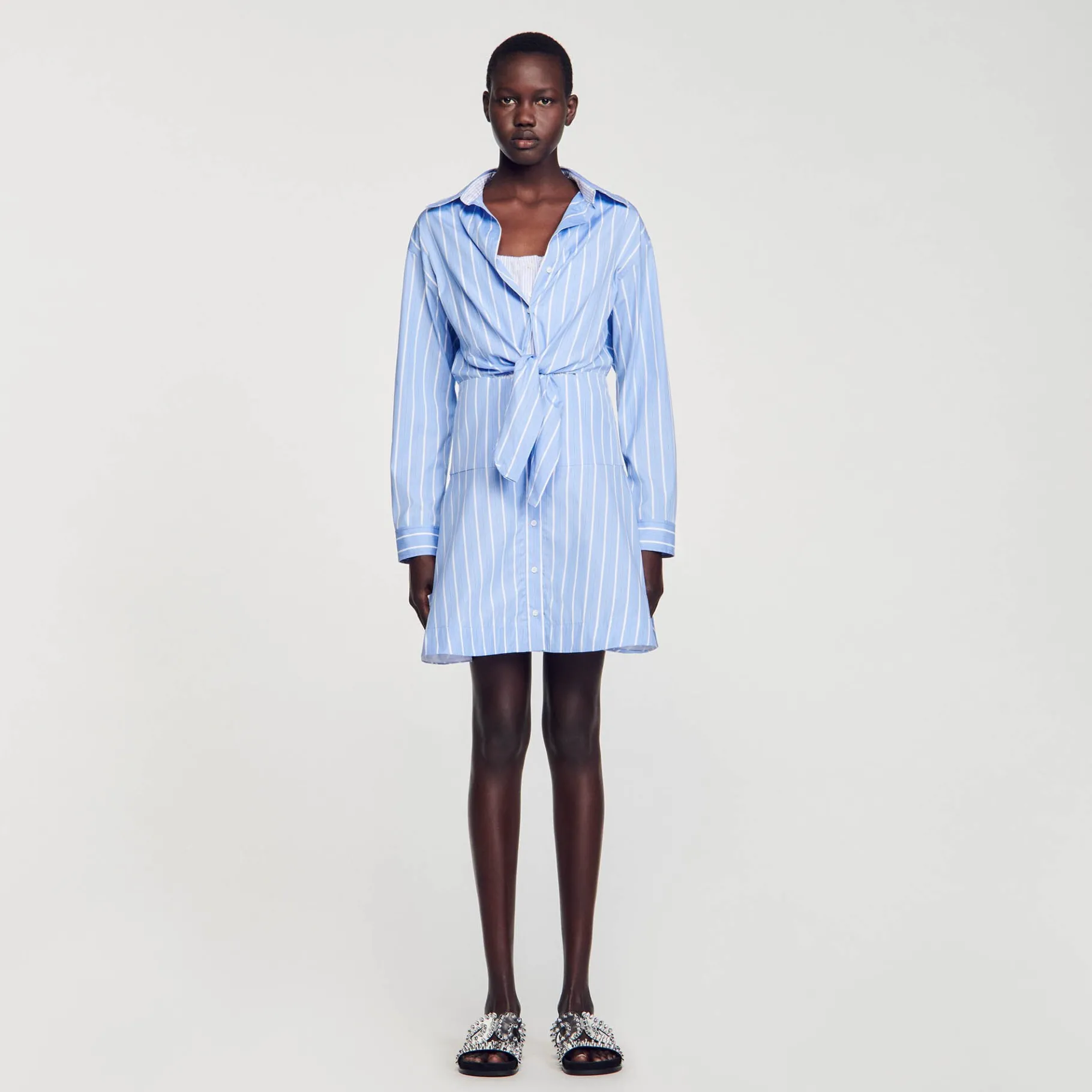 Store SANDRO Robe Chemise Nouée à Rayures Bleu / Blanc