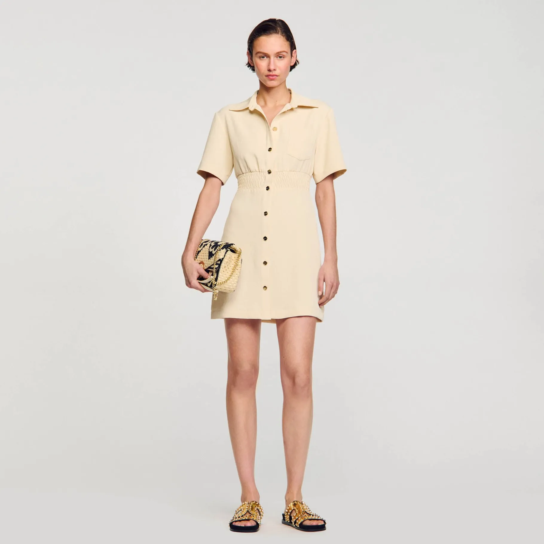 Shop SANDRO Robe Courte Boutonnée Beige
