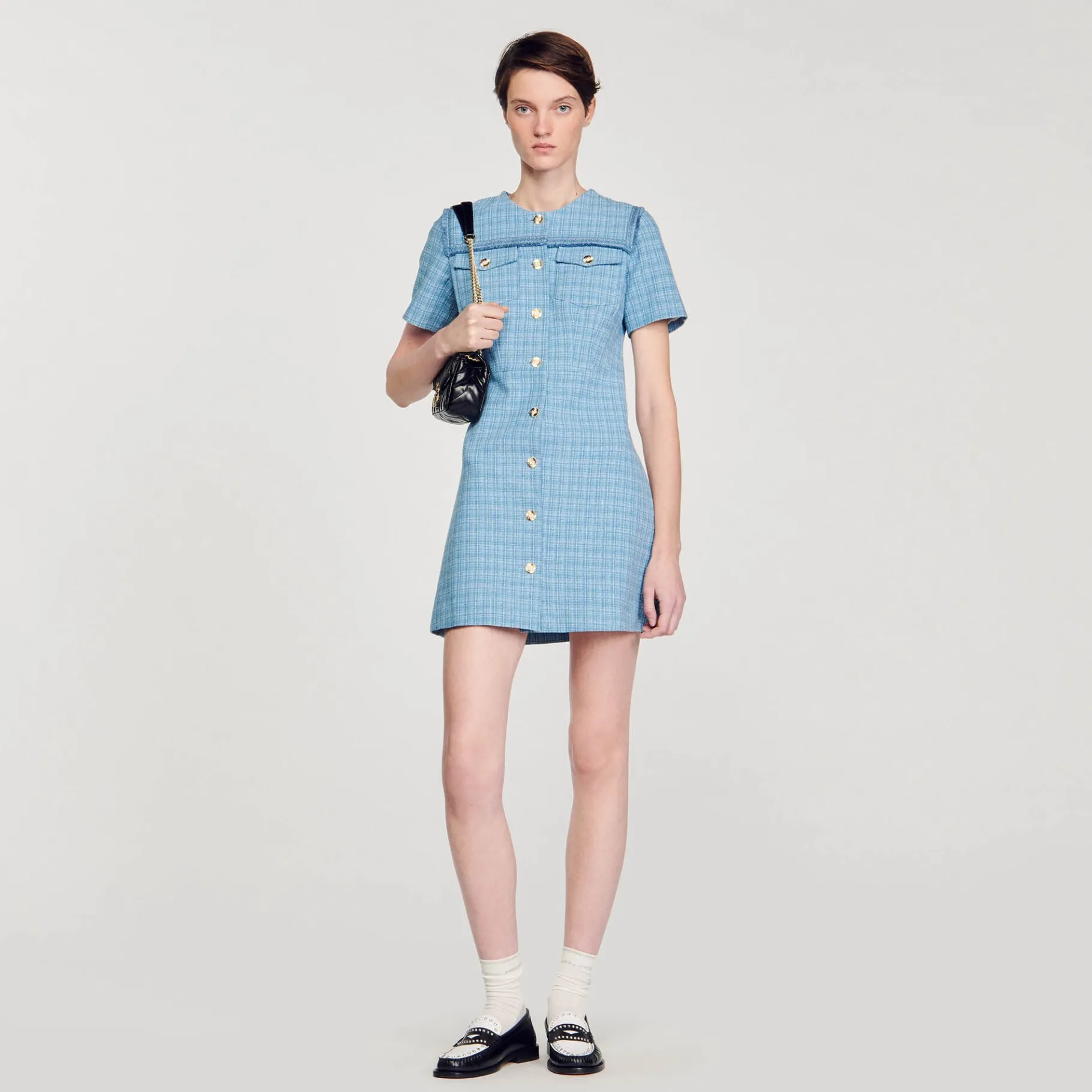 Flash Sale SANDRO Robe Courte Boutonnée En Tweed Bleu