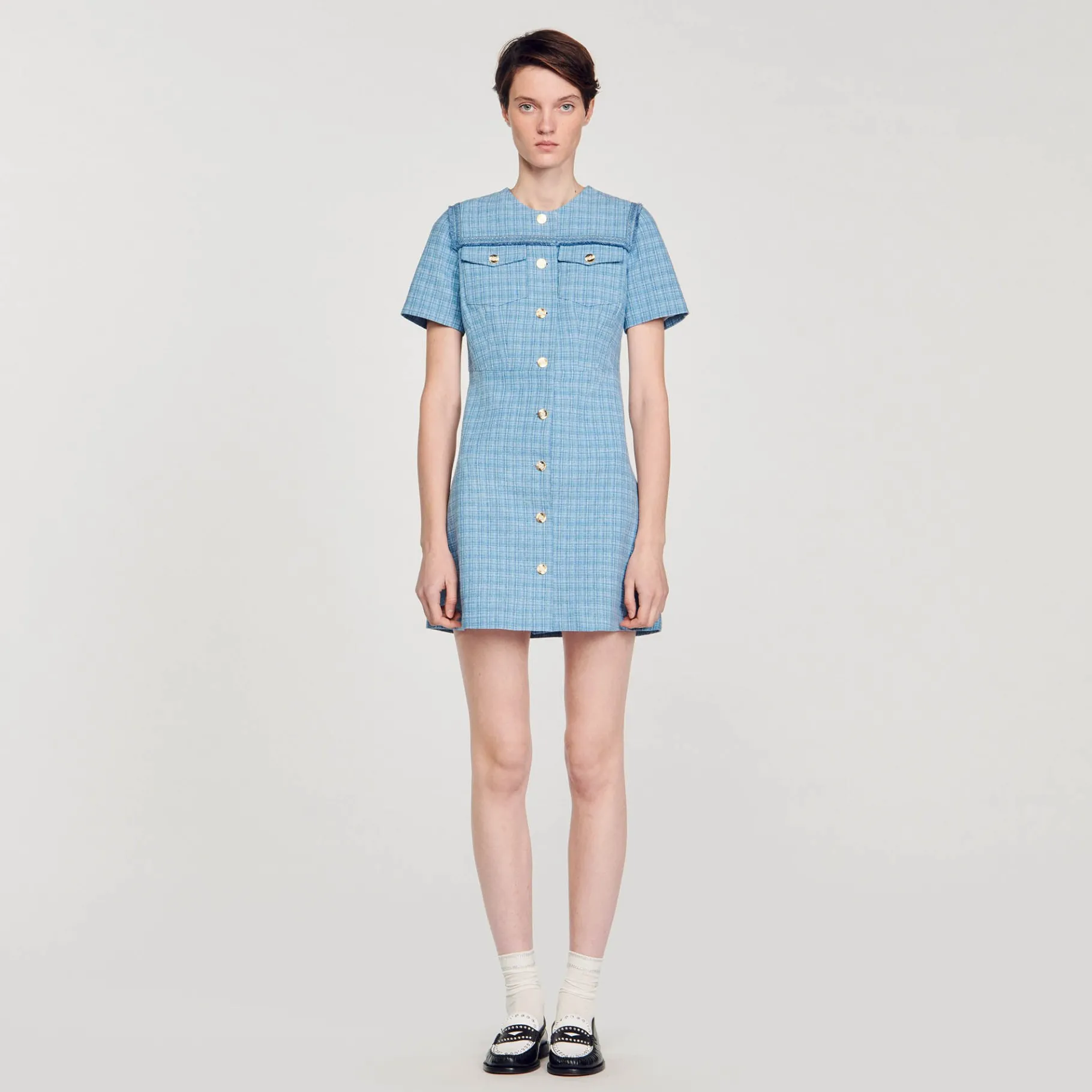 Flash Sale SANDRO Robe Courte Boutonnée En Tweed Bleu