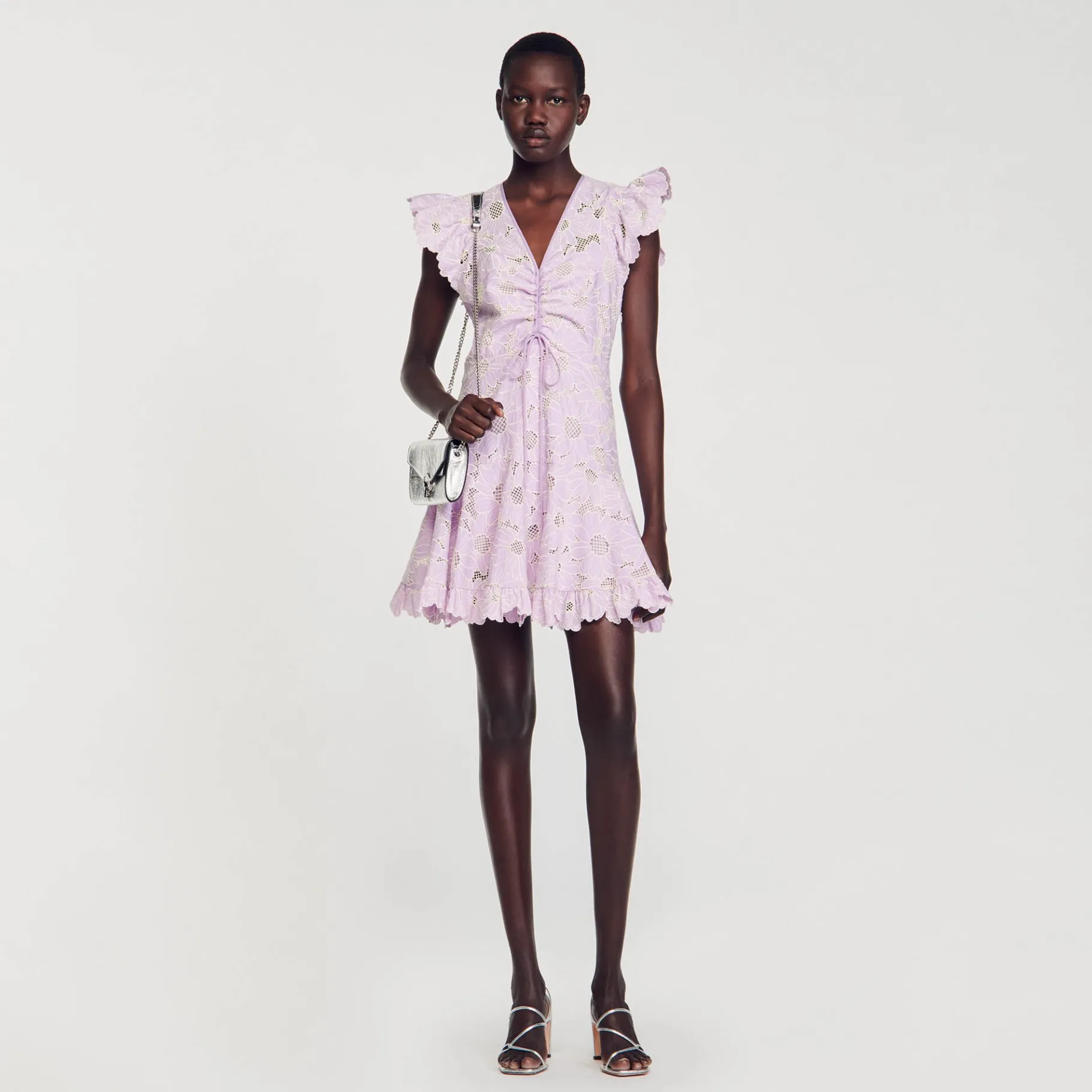 Fashion SANDRO Robe Courte En Guipure Marguerites Parme / Ecru