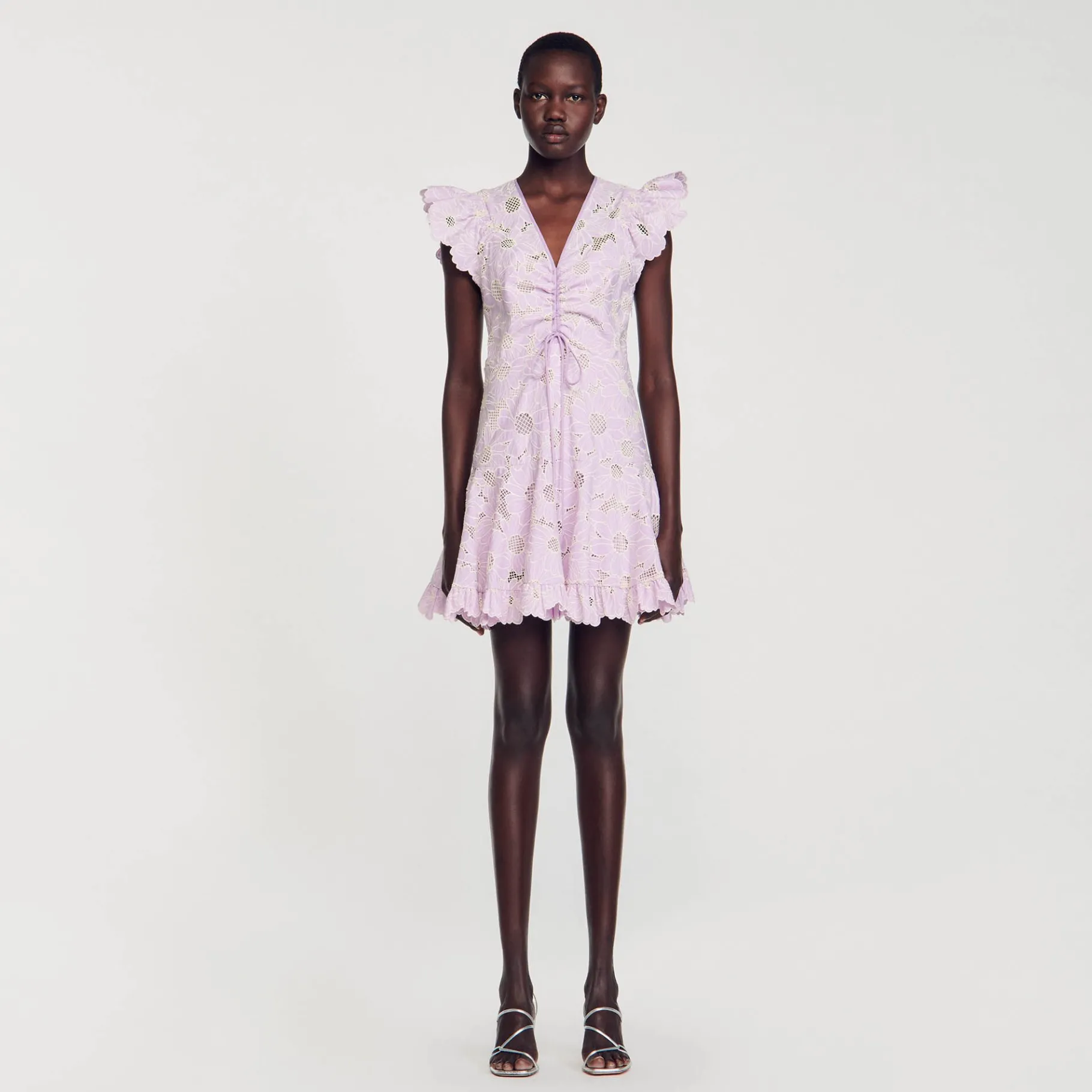 Fashion SANDRO Robe Courte En Guipure Marguerites Parme / Ecru